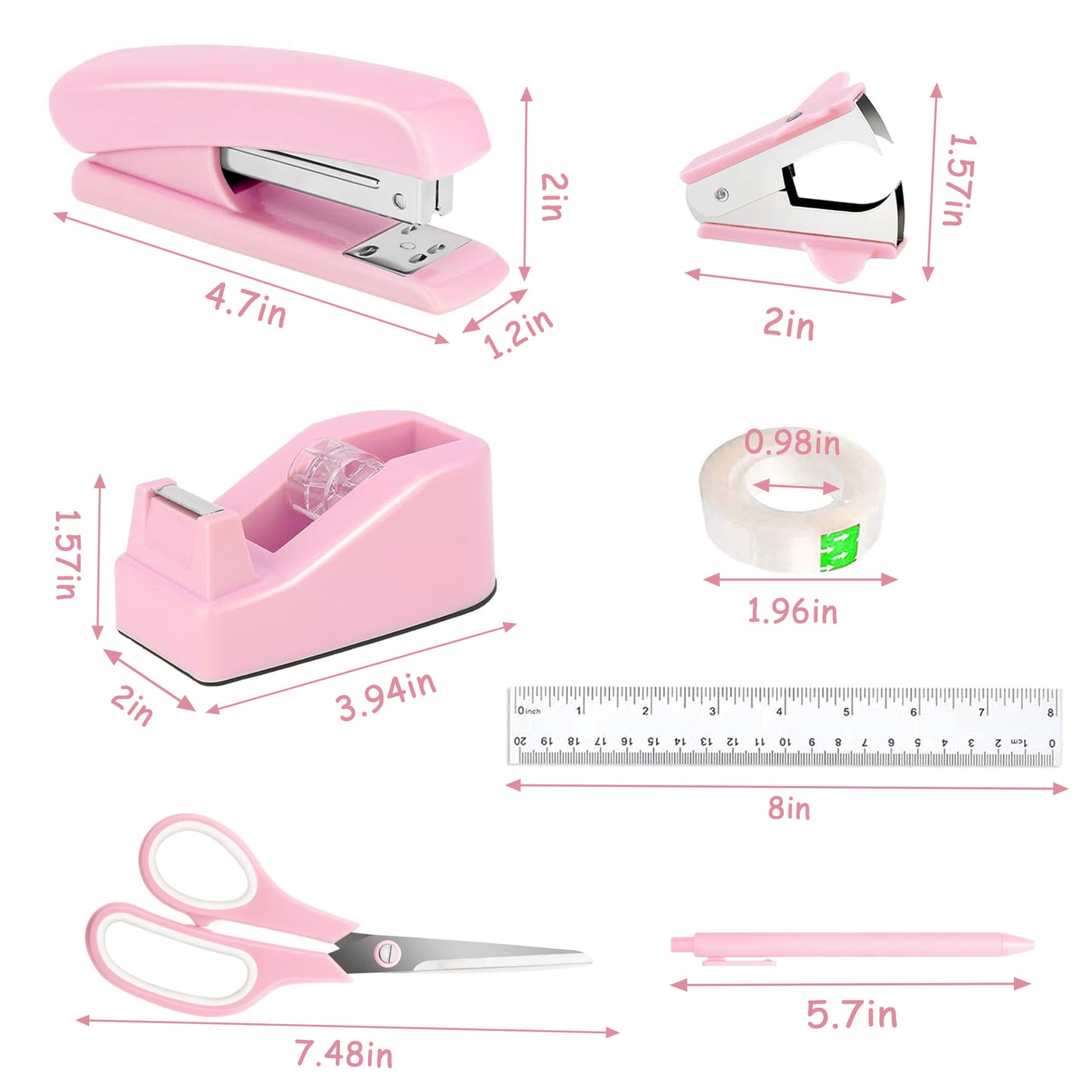 Pink Desk Accessories, Pink Office Supplies Accessories with Tape Dispenser, Stapler, Staple Remover, 1000 Staples, Tape, Clips Set, Ruler, Scissor, Pen