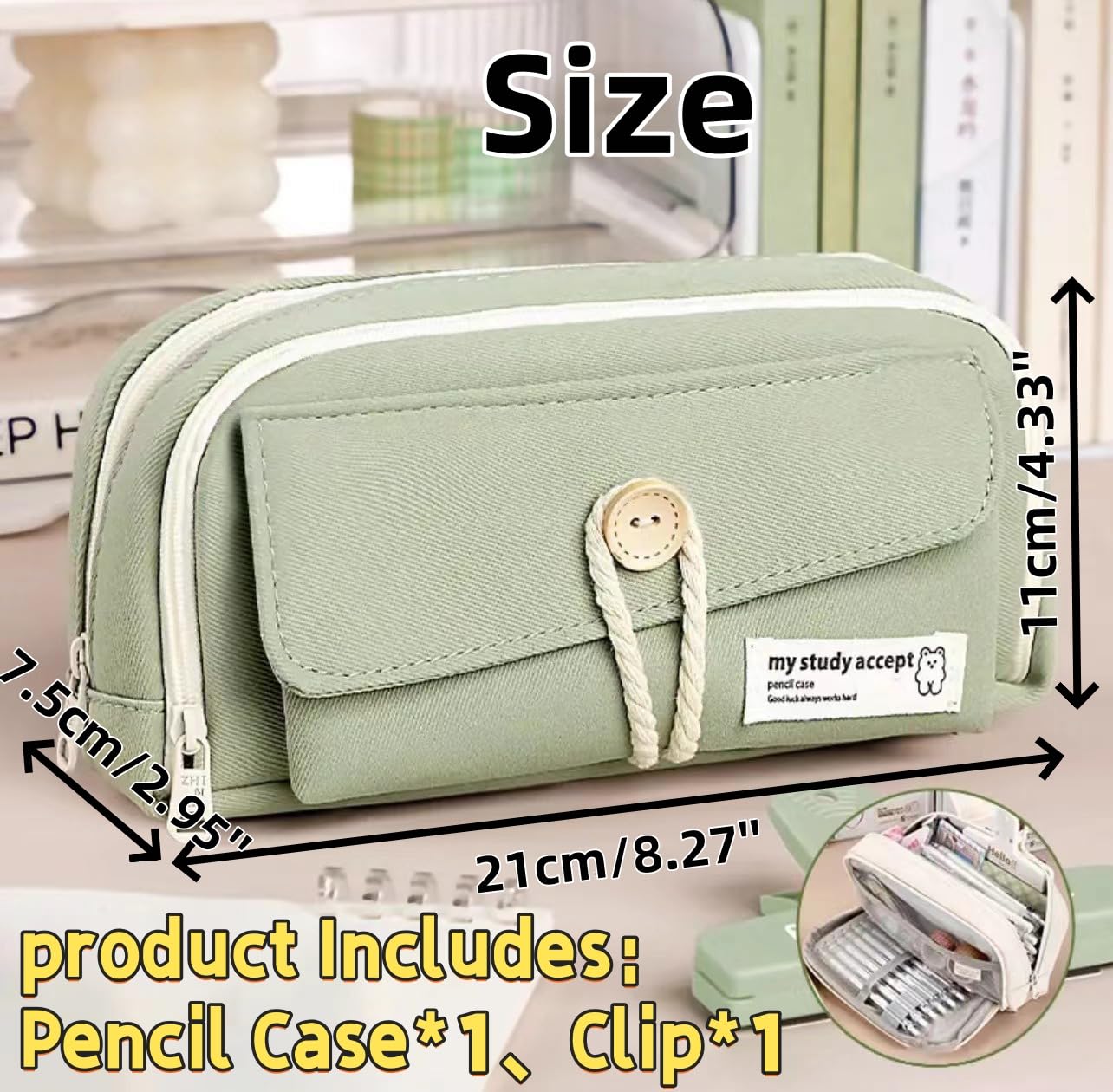 UIVXXUD Simple Style Cotton Rope Pencil Holder - Large Capacity Multi-layered Pencil Case Organizer, Aesthetic Minimalist Fabric Pen Pouch with Zipper, Durable Eco-Friendly Pen Pouch Bag (Green)