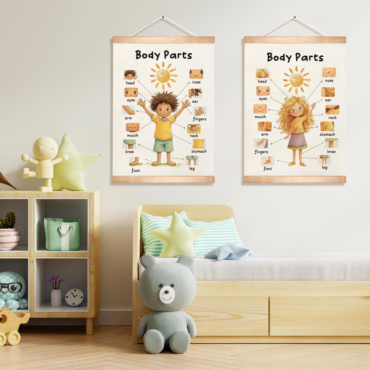HEYJEEPER Body Parts Learning Posters Set of 2,Linen Educational Wall Art with Wood Hanger, Cute Girl & Boy Body Parts Charts for Toddlers Preschool Classroom Playroom Nursery Decor,18.5x14 Inch