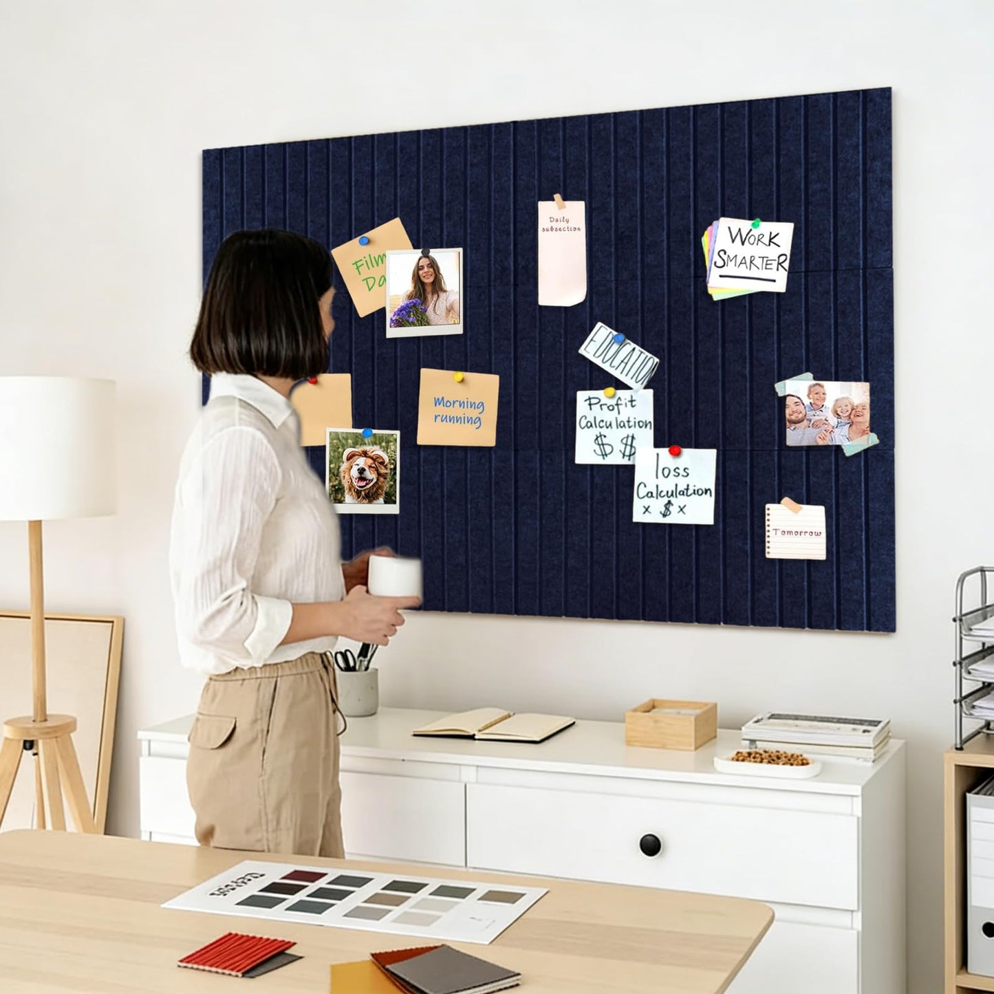 15 Pack Felt Bulletin Board, 35" x 59" Large Navy Blue Pinboard with 30 Push Pins, Felt Pin Board, Self-Adhesive Cork Board Tiles for Home, Office Walls, School Classroom Message Photos Display