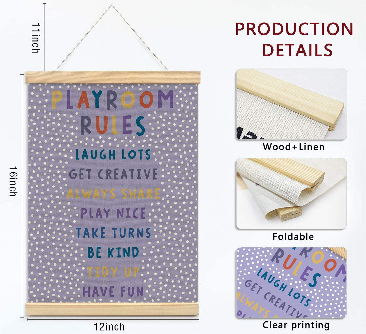 Playroom Kids Tollder Room Wall Decor, Play Room Rules Wall Decor for Kids Play Game Room Bedroom Nursery Home School Playroom Essentials, Canvas Hanging Banner Wood Poster Frameds(purple)