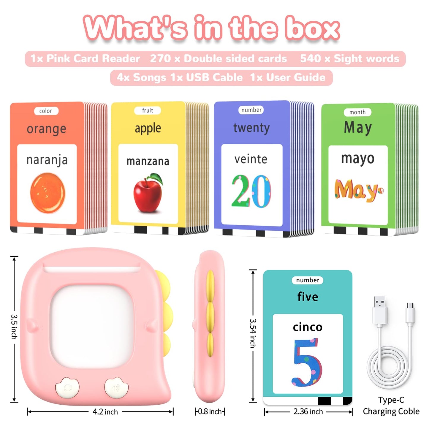 Kidzdo 520 Bilingual Spanish English Talking Flash Cards, Easter Birthday Gifts for 2 3 4 5 6 Year Old Girls, Language Pocket Speech Therapy Toys, Portable Toddlers Toys, Pink