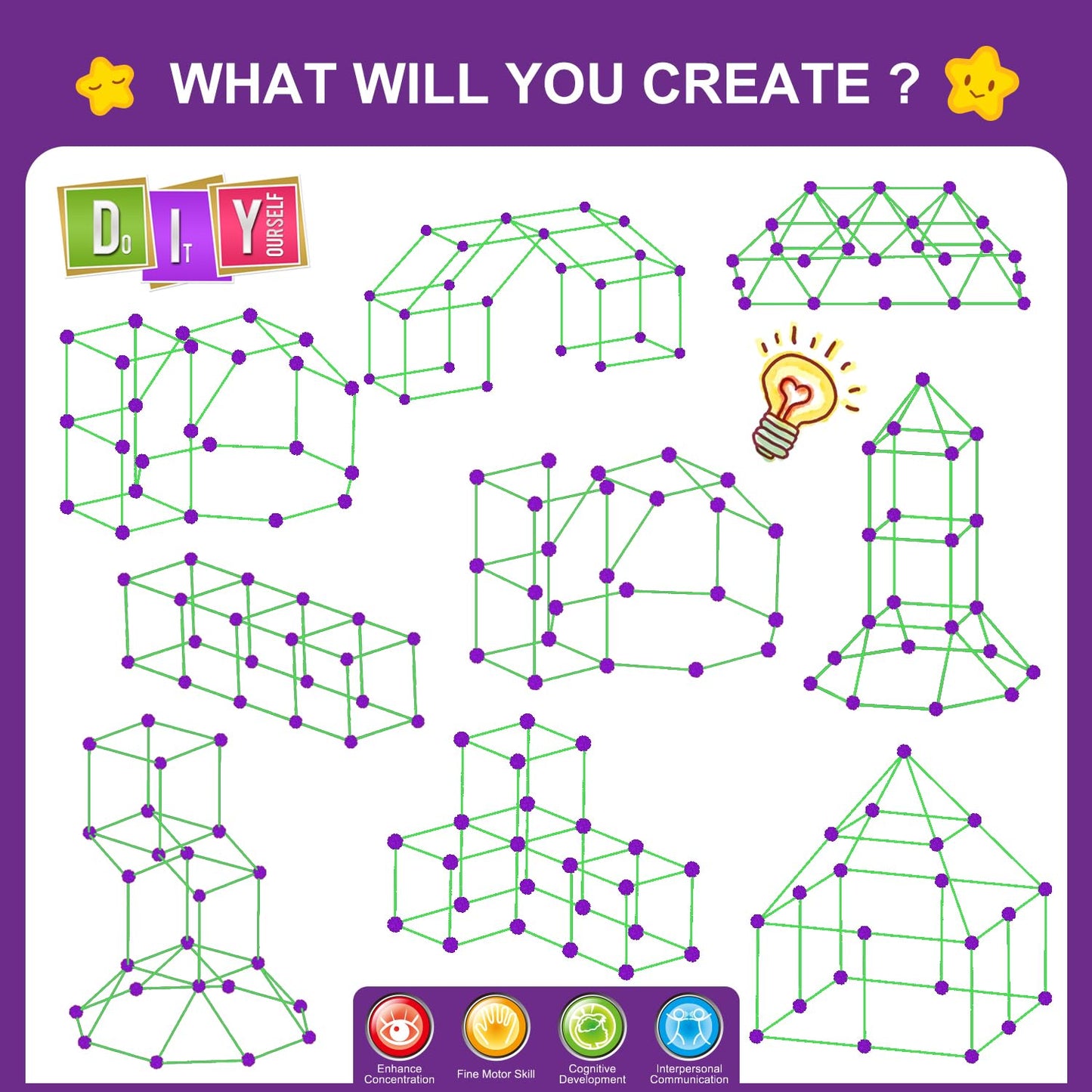 Fort Building Kit for Kids,STEM Construction Toys, Educational Gift for 3 4 5 6 7 8 9 10 11 12 Years Old Boys and Girls,Ultimate Creative Set for Indoor & Outdoors Activity,140 Pcs,Purple