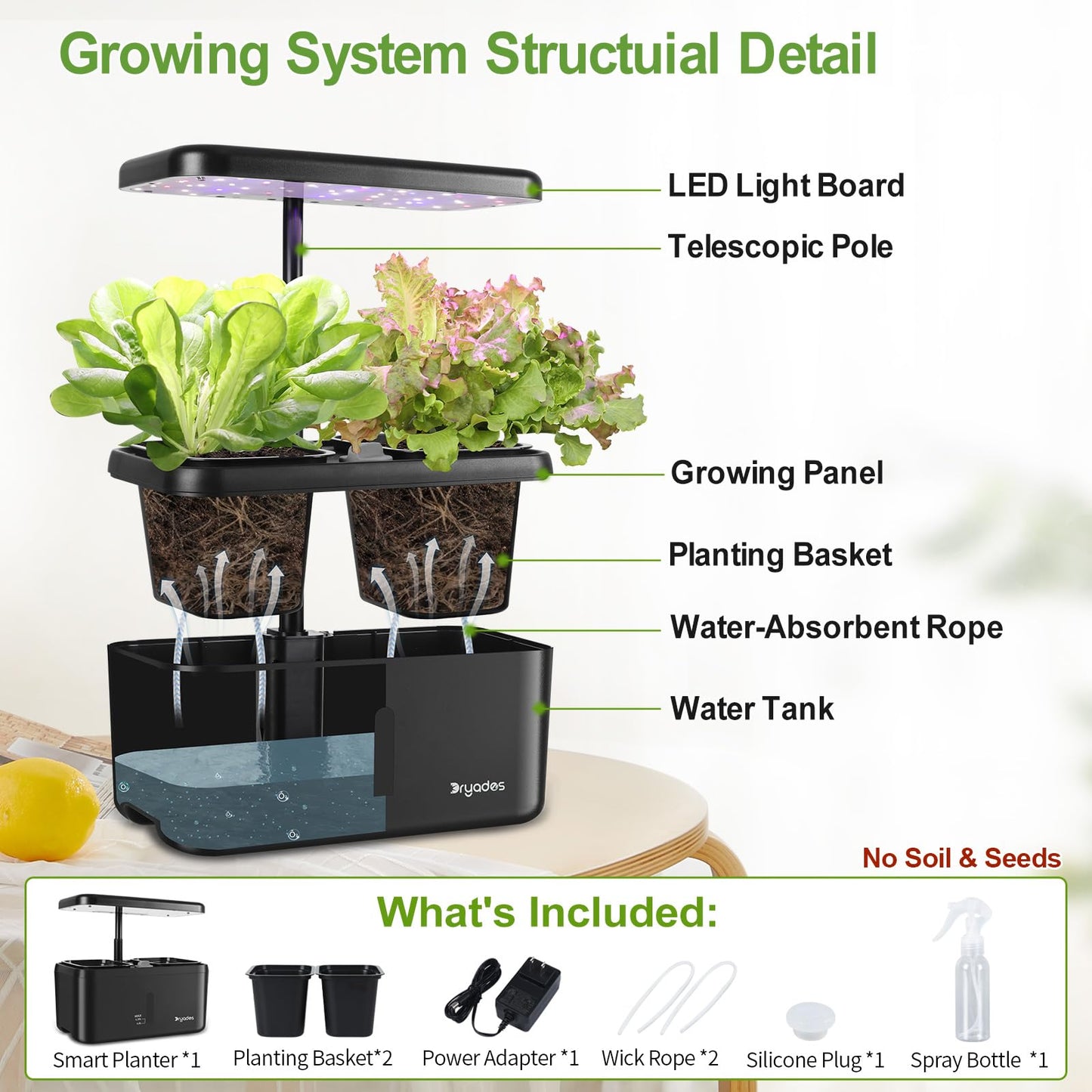 DRYADES Indoor Garden System with 19W LED Light, Self-Watering Pots, Medium Size, Black-a, Model Z224