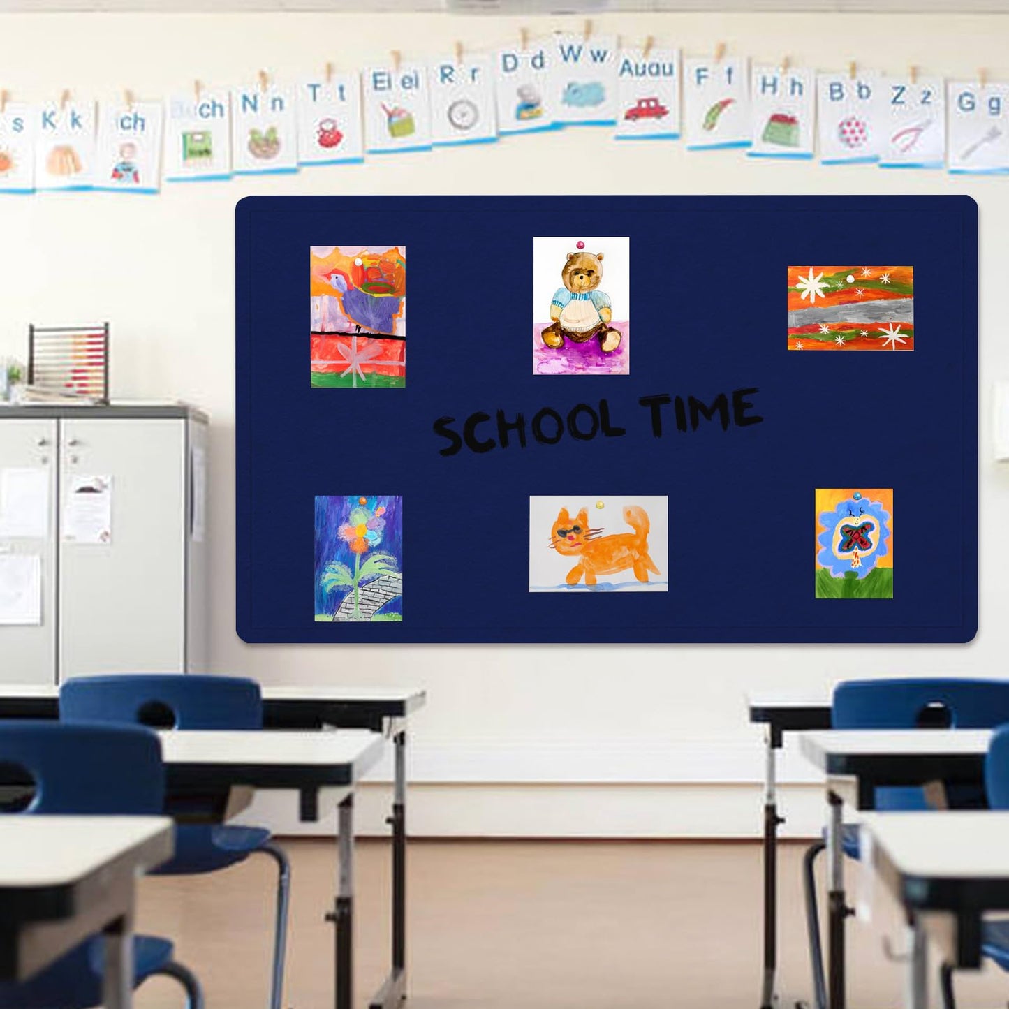 Large Bulletin Board, 60 X 36 inches Cork Board with 30 Pushpin, 5' x 3' Felt Cork Board Notice Pin Board, Self-Adhesive Vision Board Mood Board Foldable Photo Board for Wall - Dark Blue