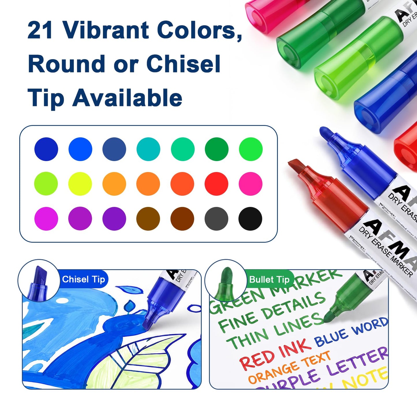 AFMAT Dry Erase Markers, Liquid Bullet Tip Whiteboard Markers with Visible Ink Window, Low Odor & Non-Toxic, 3X Large Capacity, No Residue for White Board, Classroom, Office, Home, Bright Blue,12 Pack
