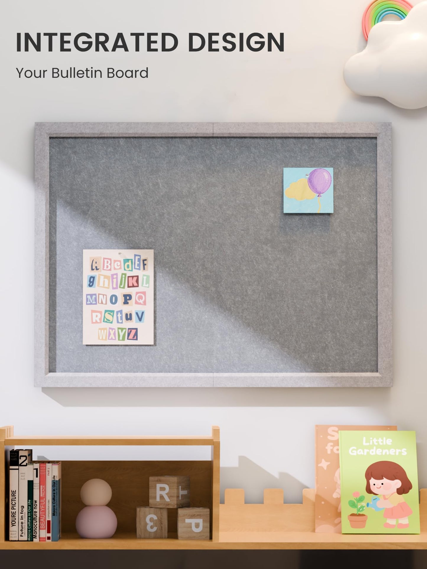 Fluxynara Foldable Cork Board Alternative, Felt Bulletin Board 23.6" x 17.5" Soft Gray Frame with 12 Adhesive Tabs, Pin Board for Home Office, Classroom, Entryway, Kitchen Wall Decor—Blue Gray