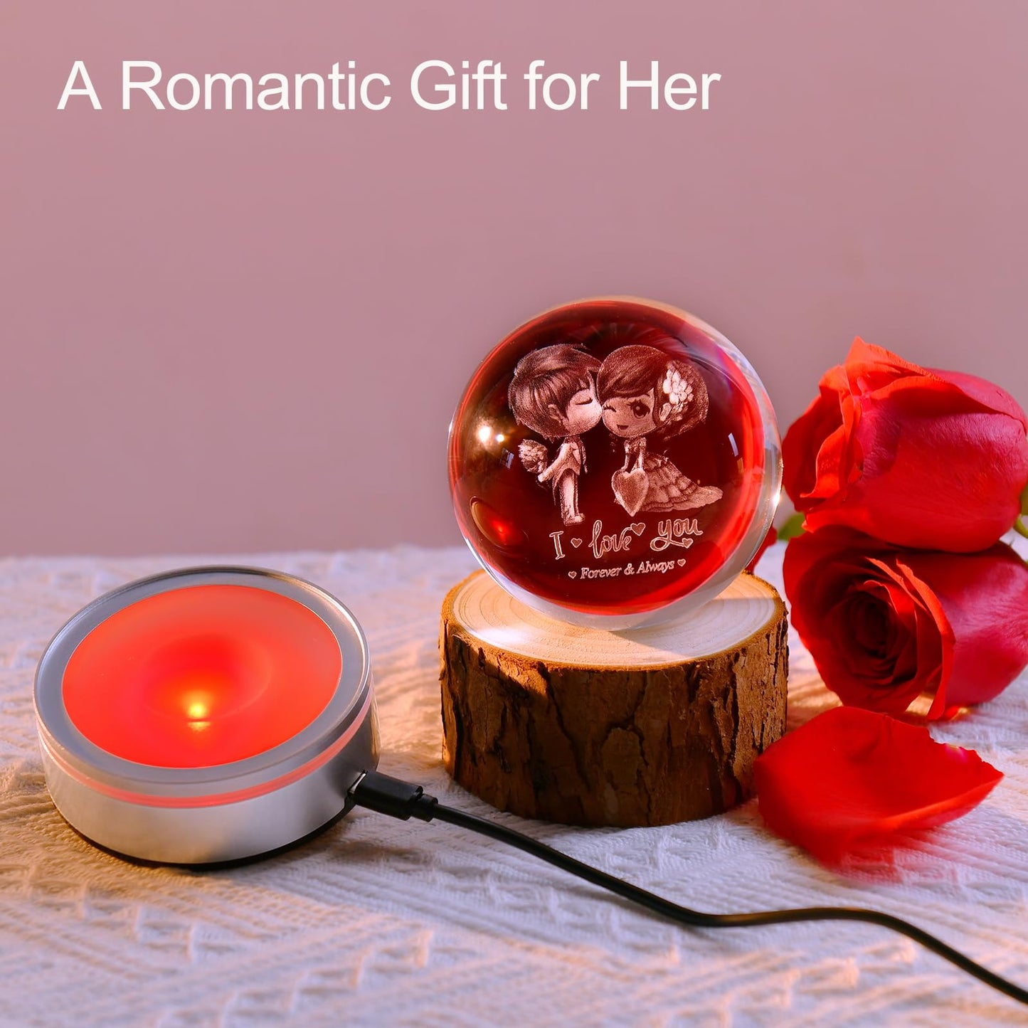IFOLAINA 3D Couple Crystal Ball Night Light - Laser Engraved Glass Valentine Sphere for Wife - Decorative Crystal Globe Decor - I Love You Gift for Her Anniversary Birthday