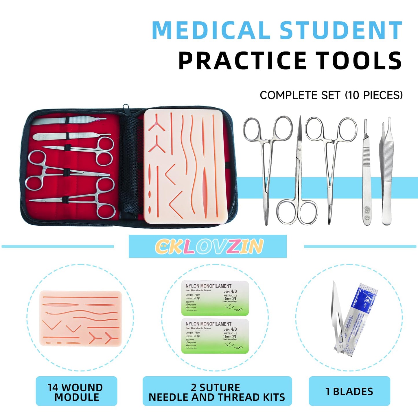 Suture Practice Kit for Medical Students, Silicone Pad Surgical Wound Suturing Practice, Supplies for Vet Nursing Students Simulation Surgical Suture Training Toolkit (Education Use Only)