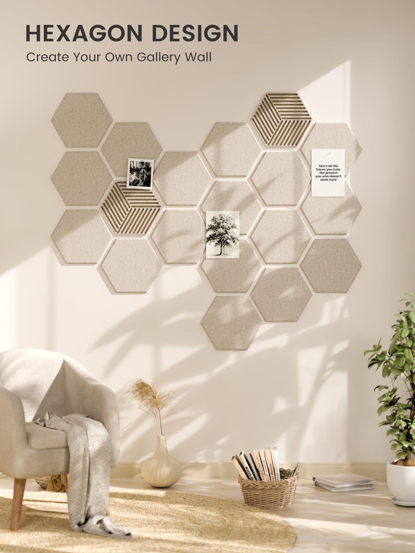 Fluxynara Hexagon Cork Board Alternative for Walls Decor-10-Pack Felt Bulletin Board Tiles,with 30 Pushpins,50 Adhesive Tabs for Office,Classrooms & Home Pin Board Felt Board-Oatmeal