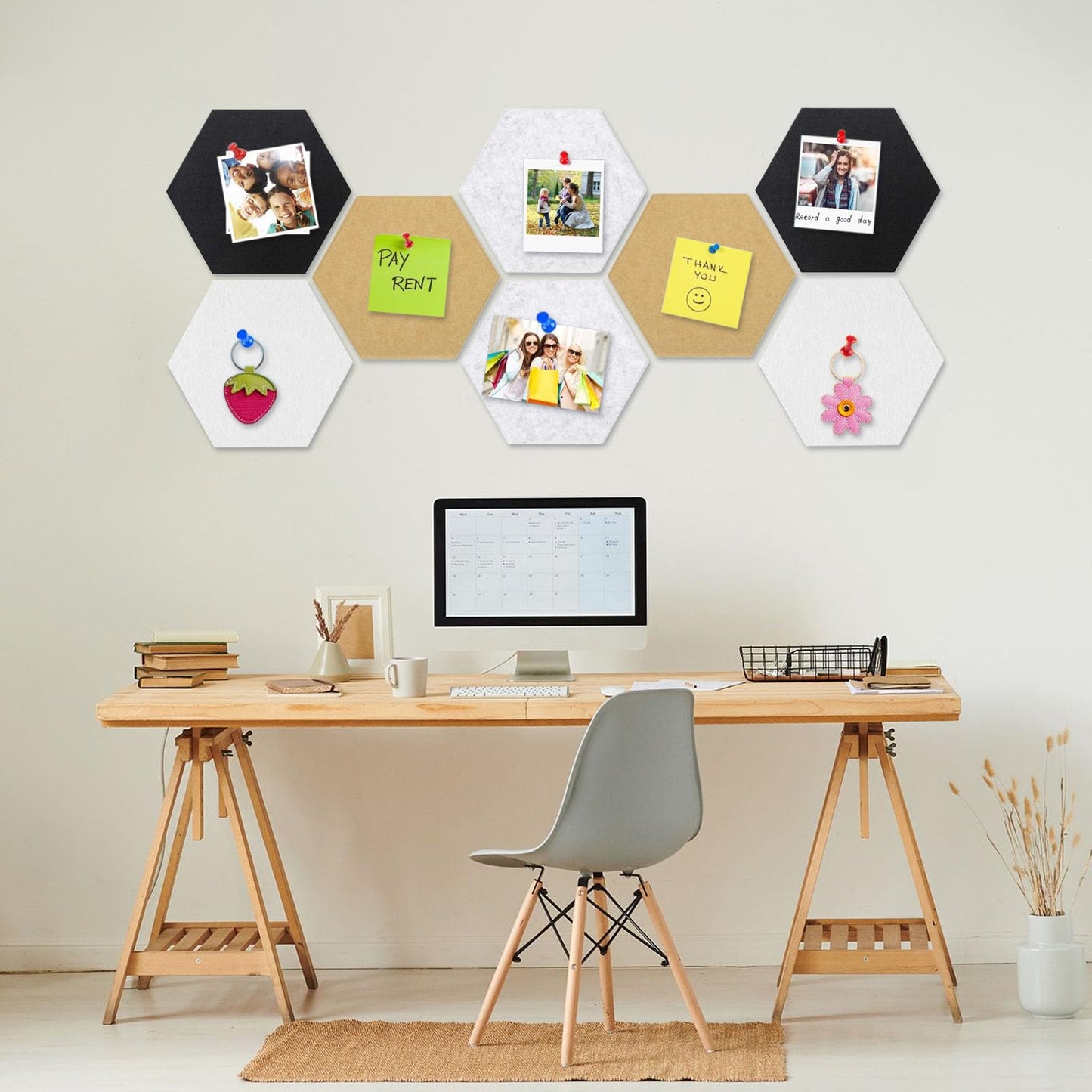 8 Packs Hexagon Felt Pin Board, 12" Bulletin Board with 30 Push Pins, Felt Board for Home Kitchen Office, Self-Adhesive Corkboard Tiles for Walls Message Photos Memos Display (Black White Grey Camel)
