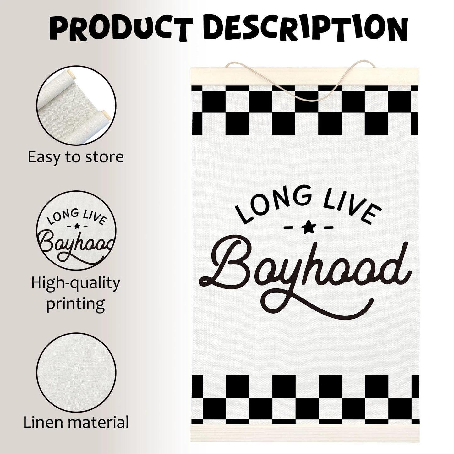 LKETW Long Live Boyhood Poster Hanger Frame 12x16 Inch, Race Car Boy Nursery Wall Art Posters for Playroom, Black and White Checkered Hanging Banner Decor for Toddler Boy Nursery Room Bedroom