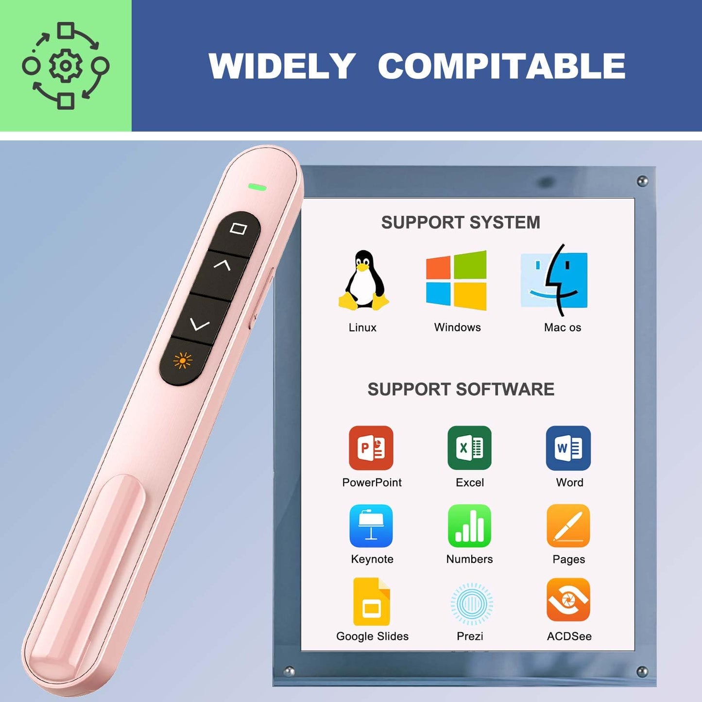 QUI 2 Pack Presentation Clicker, Hyperlink Volume Control Wireless Presenter, RF 2.4GHz USB Presentation Remote Control,PowerPoint Clicker Slide Advancer for Computer, Laptop, Mac (USB, Pink)