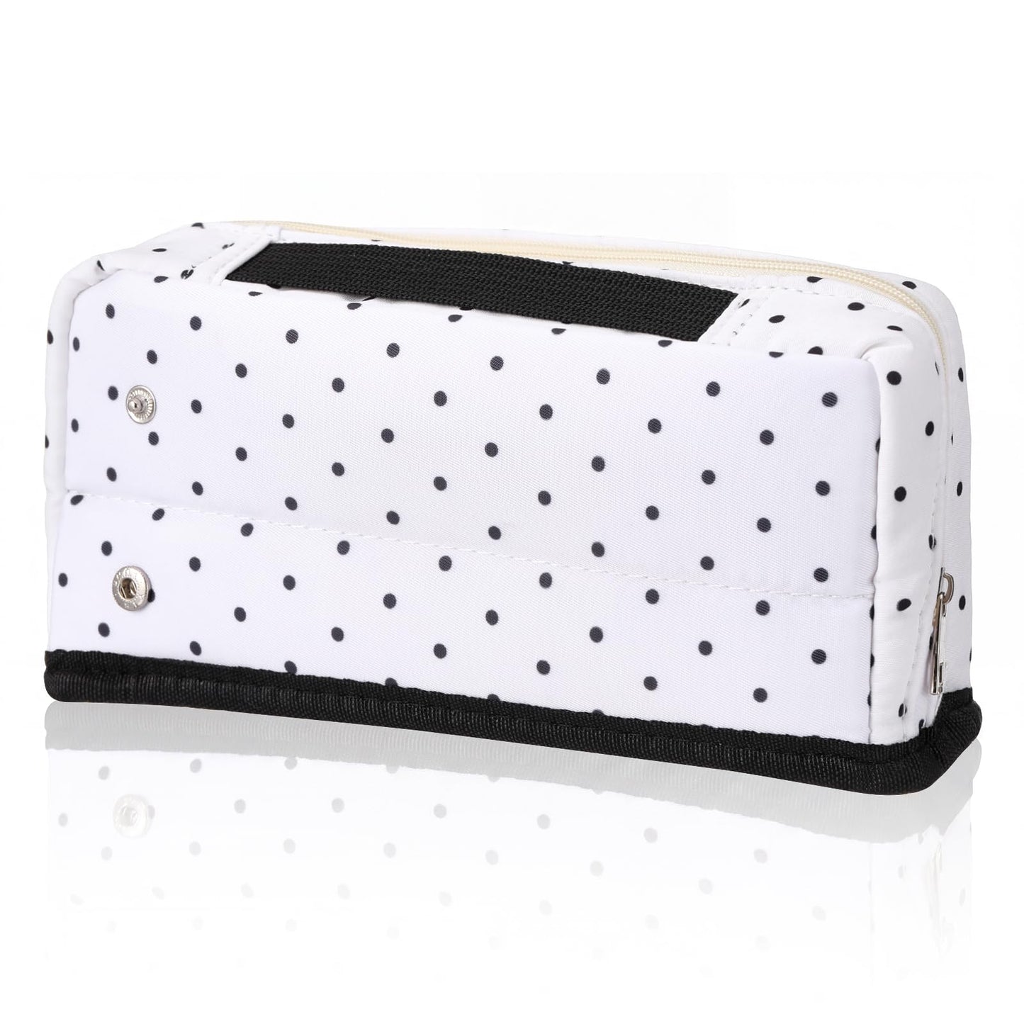 Gueevin Large Capacity Pencil Case Polka Dot Pen Pouch with Multiple Compartments Foldable Portable Pencil Case Black White Stationery Organizer Bag for Adults(White)