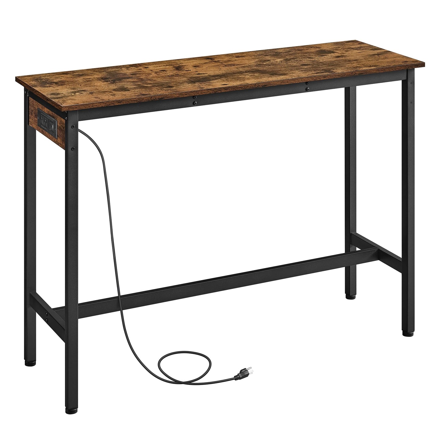 VASAGLE Bar Table, Narrow Long Kitchen Dining Table with Charging Station, Sturdy Metal Frame, Industrial, 15.7 x 47.2 x 35.4 Inches, Rustic Brown and Ink Black ULBT121K01