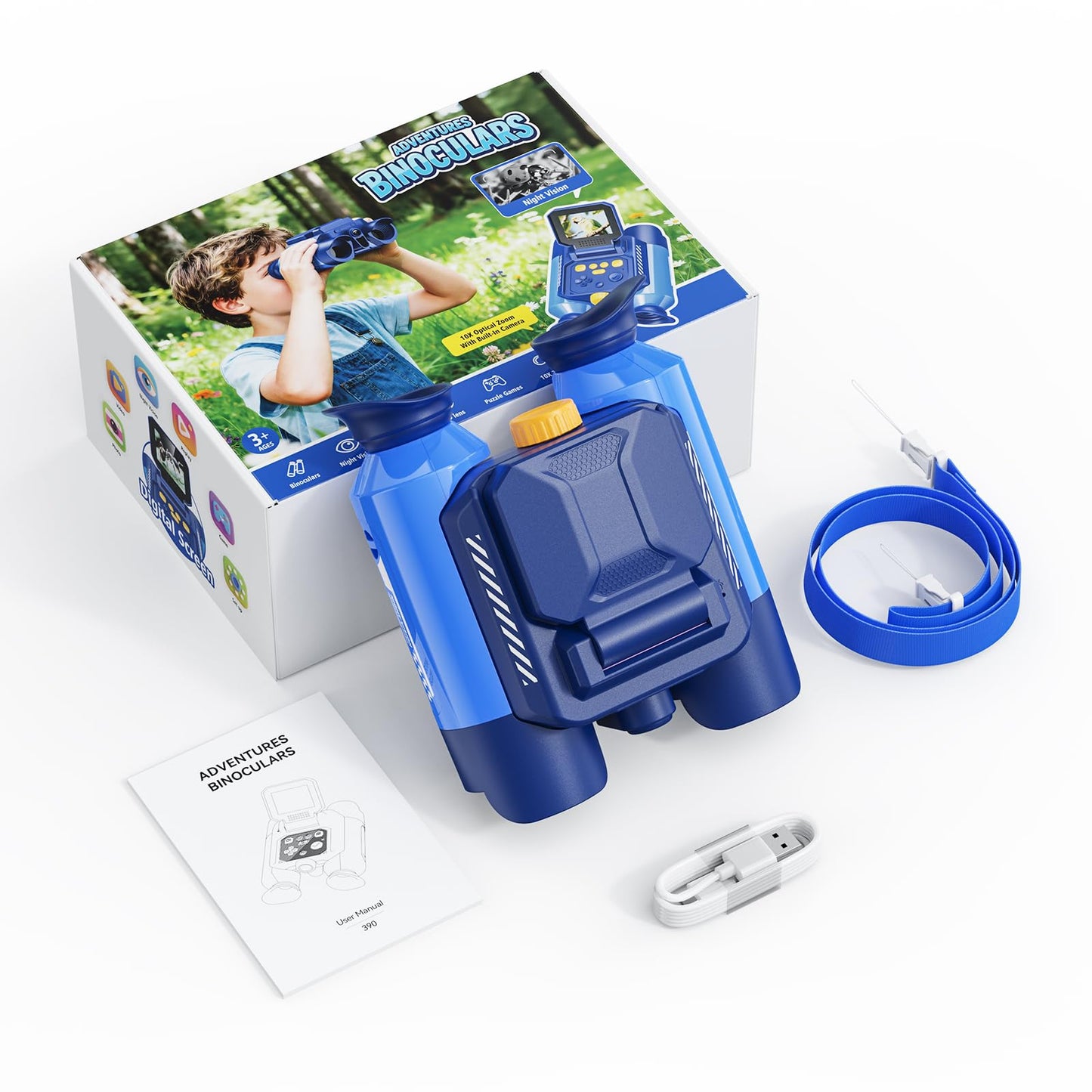 Aspoven Binoculars for Kids, Night Vision with 2.4" Screen, HD Digital Binoculars for Boys and Girls Ages 4-12, Portable Kids Binocular, Photo Video Capture & 9 Puzzle Games (Blue)