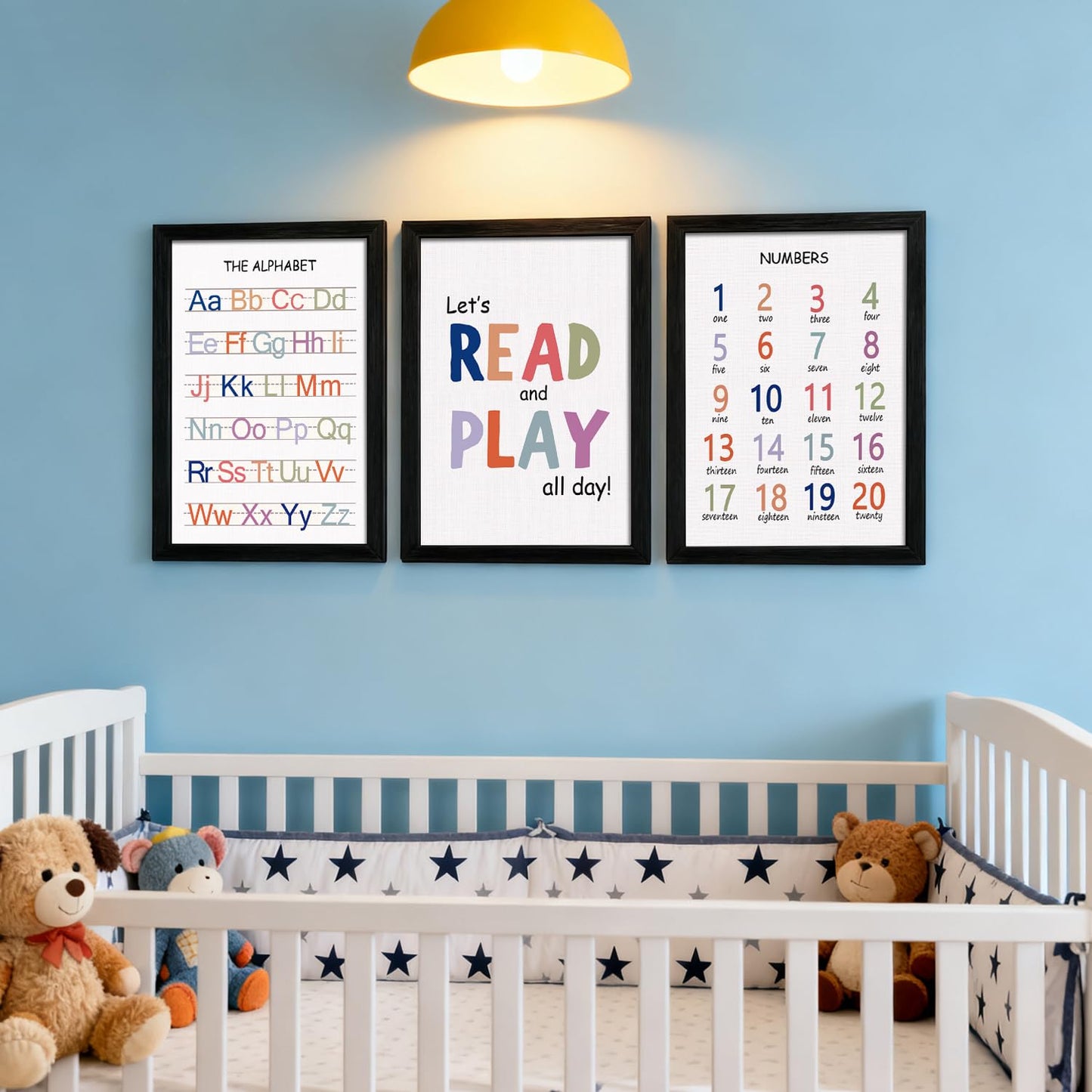 Cute Alphabet Numbers Framed Wall Art Set of 3, Educational ABC Poster Wooden Sign for Baby Girl Kid Boy Toddlers, Neutral Boho Preschool English Letters Nursery Decor for Homeschool Playroom Daycare