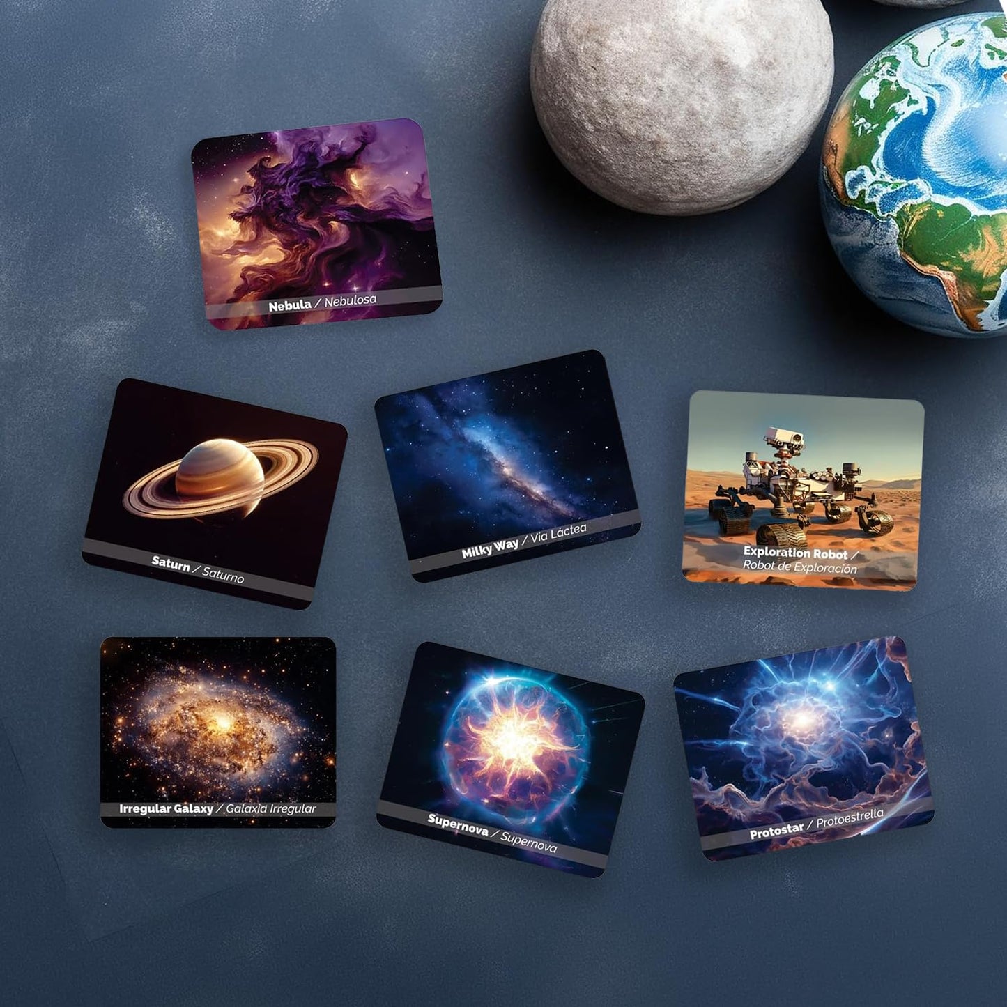 Menique Universe Memory Matching Game – 60 Cards (30 Pairs) – Bilingual Space Game with Planets, Stars & More – Educational for Kids and Adults