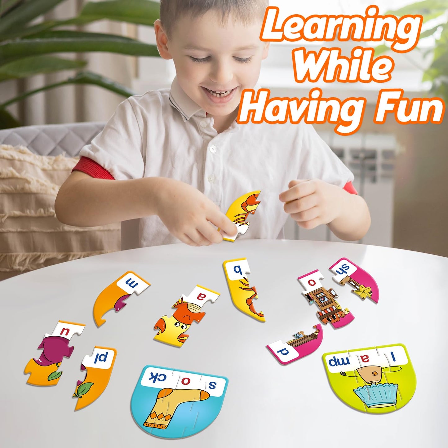 Kasfalci CVCC & CCVC Puzzle Cards for Kids - Word & Phonics Games, Speech Therapy Toys for Toddlers, 4 Alphabet Letter Word Puzzles, Learning Spelling Games