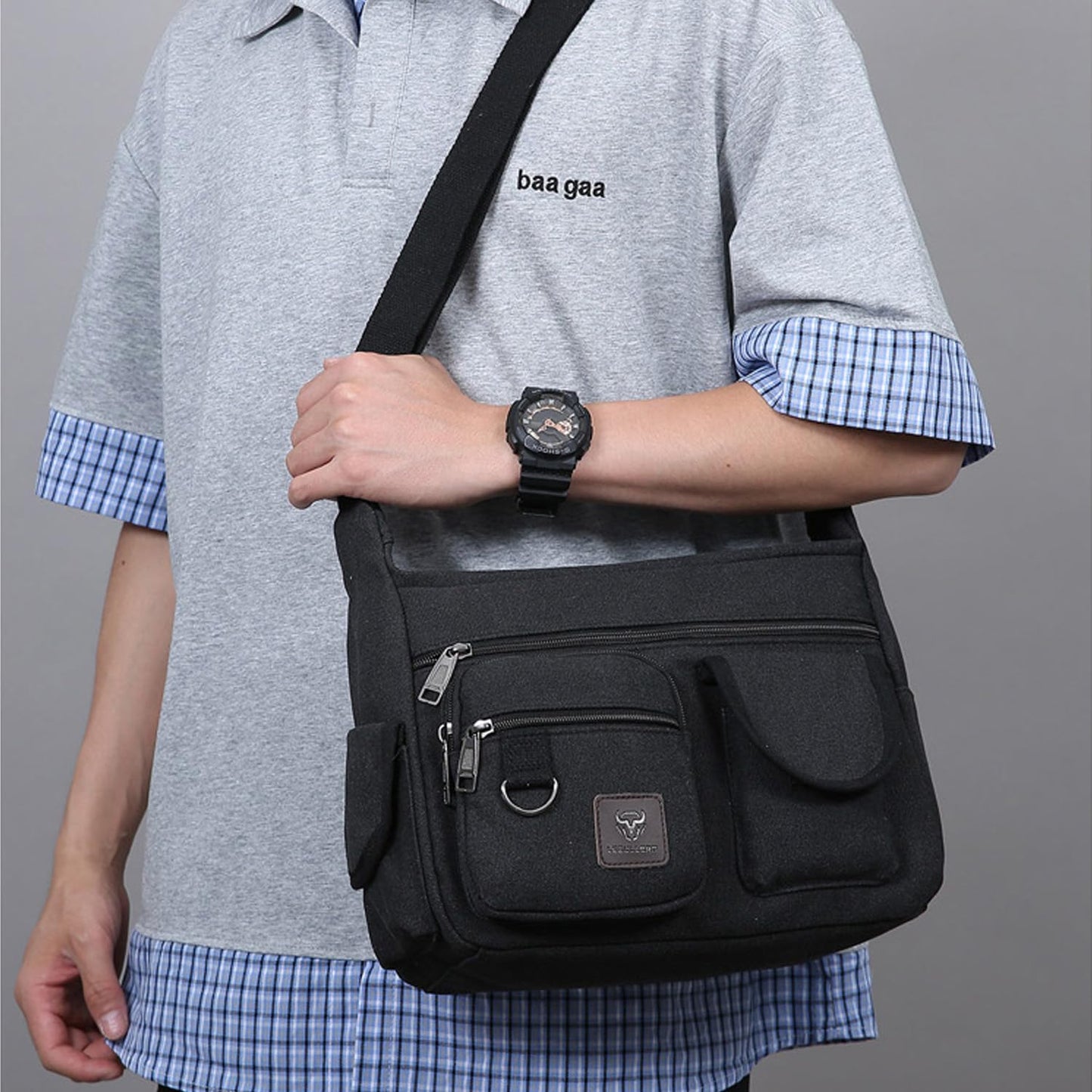 LEBULLBRO Canvas Shoulder Bag for Mens Multi-pockets 13 inch Laptop Messenger Bag Sling Bags School Crossbody Bags Travel (Black)