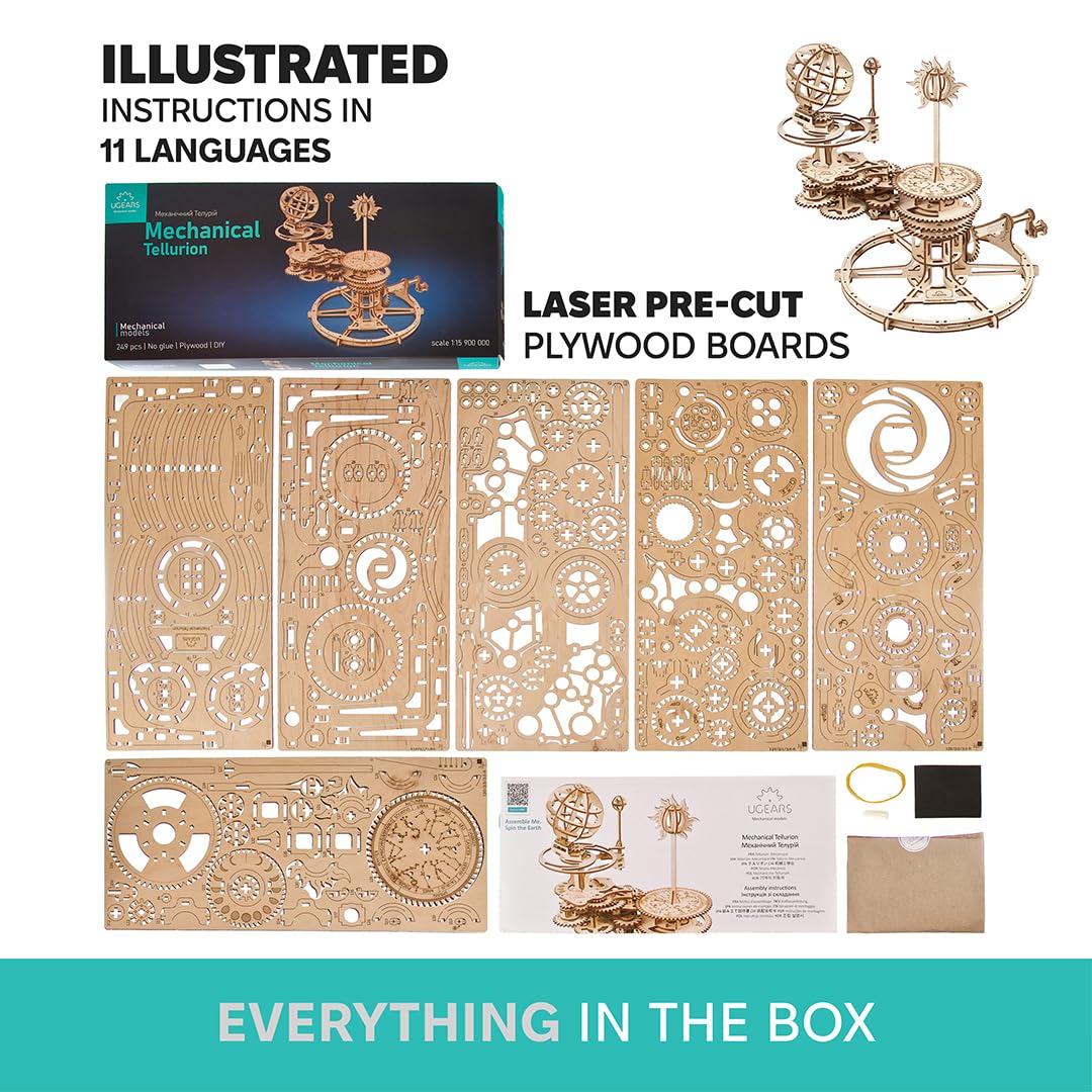 UGEARS Mechanical Tellurion 3D Puzzle - 3D Wooden Puzzled for Adults, Solar System Model Kit, Wooden Model Kits for Adults to Build, Mechanical Models Brain Teaser Puzzle