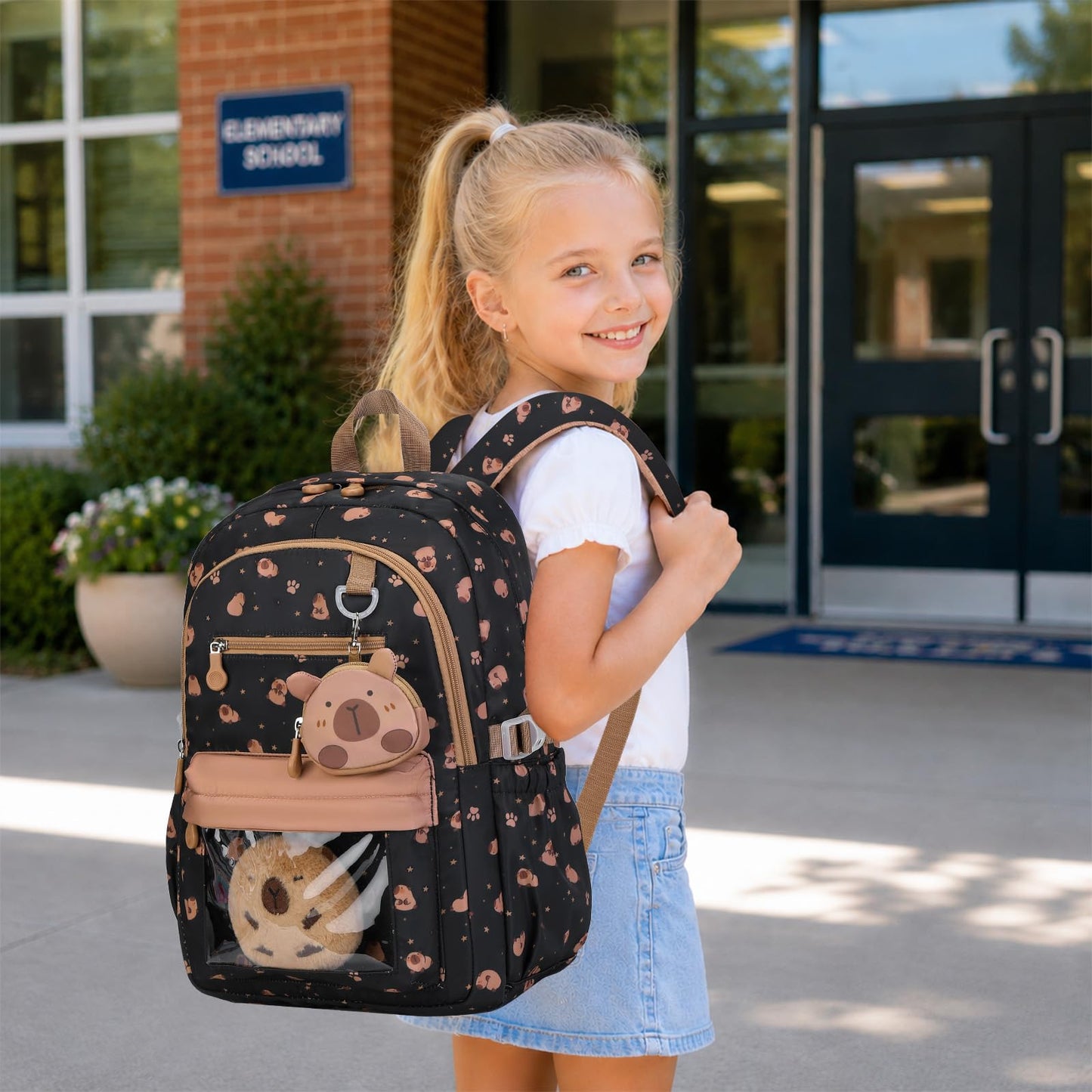 Similove Capybara Theme Backpack for School Girls, 35PCS Kids Backpack Set with School Supplies Stationery Kit Lunch Box Pencil Case, Cute Girls Bookbag for Kindergarten Elementary Student