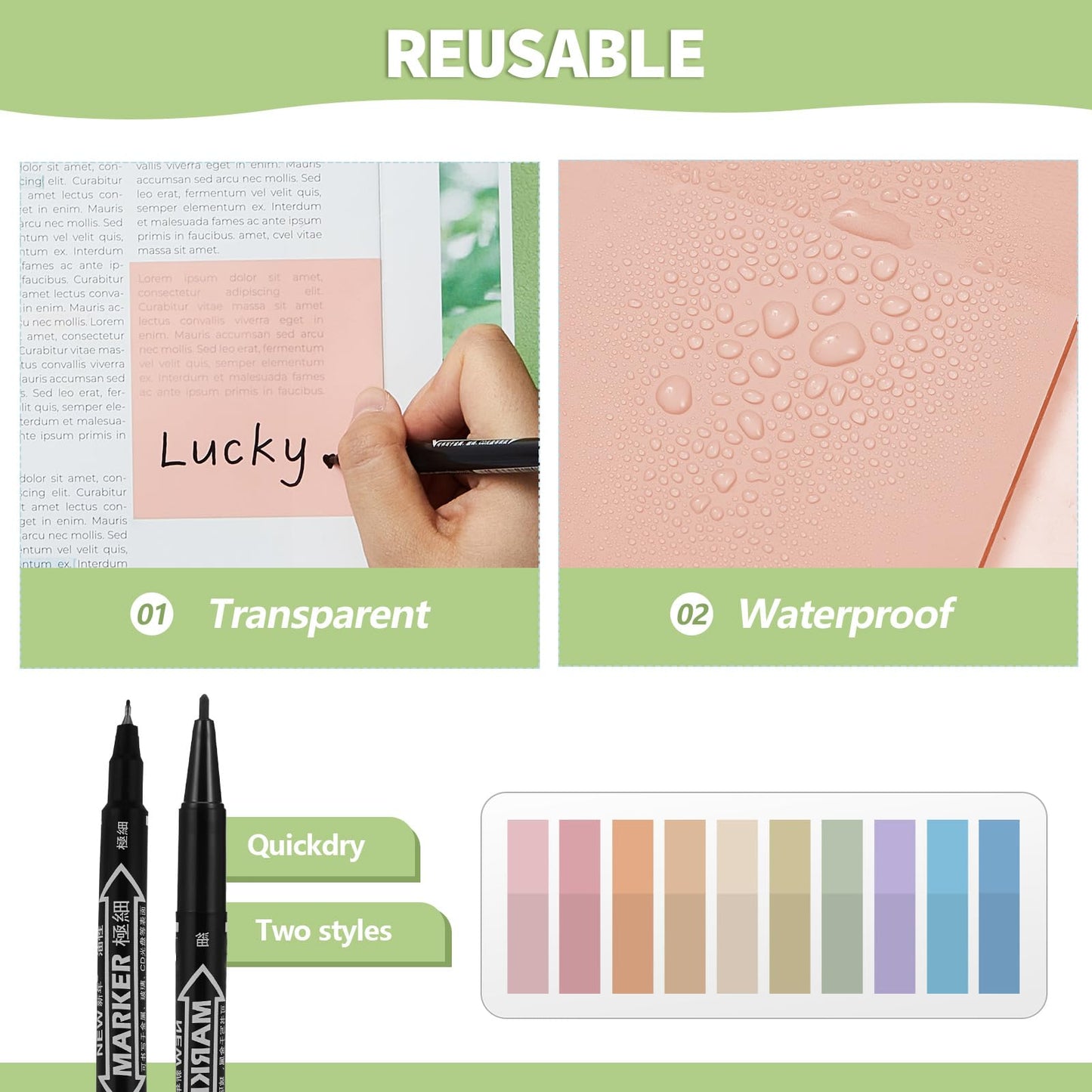 Jutom 39 Pcs Aesthetic Book Annotation Kit Highlighter with Pencil Case Bag Gel Pen Transparent Sticky Note Taking Bible Study College School Supplies (Green,Minimalist Style)