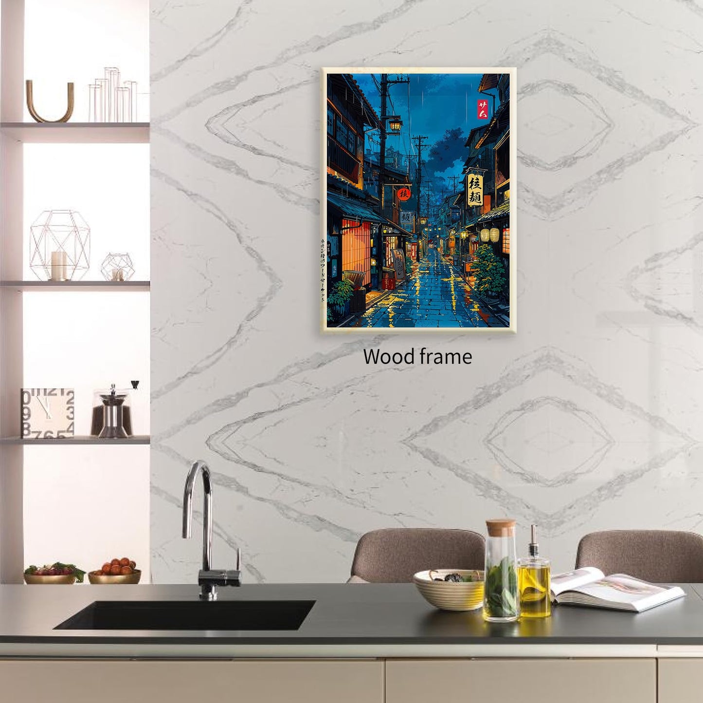 Japanese Tokyo Tea House Framed Canvas Wall Art Japanese City Street Cafe Scene Picture Print Modern Ukiyo-e Decor Poster for Japanese Home Bedroom Decorations Artwork12x16in