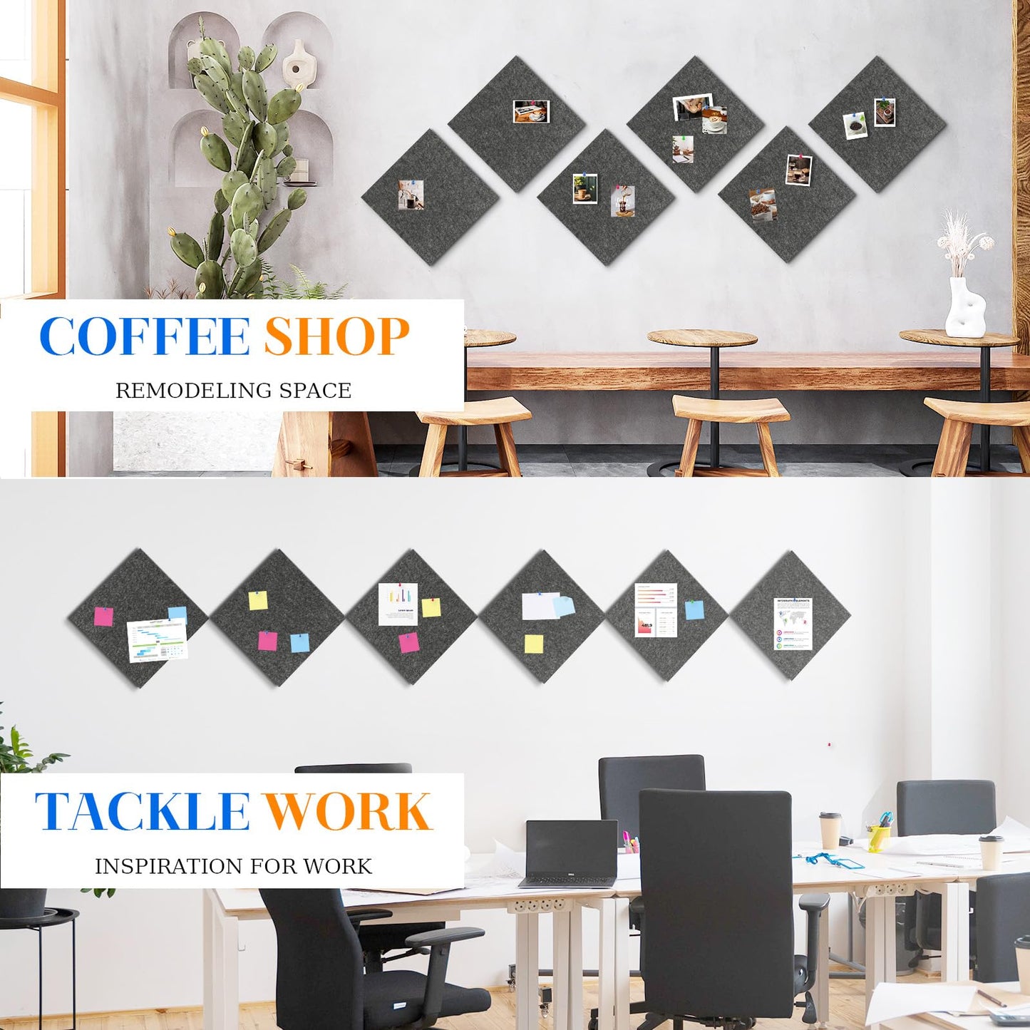 DOLLAR BOSS Felt Cork Board Tiles, 6 Packs 12" x 12" 1/2" Thick Cork Bulletin Board Self Adhesive Corkboards for Walls with 60 Pushpins for Home Office Kitchen School Decor Display, Grey
