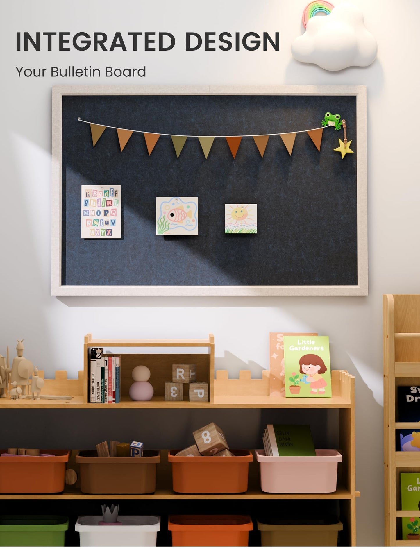 Fluxynara Foldable Cork Board Alternative, Felt Bulletin Board 35.4" x 23.6" Oatmeal Frame with 24 Adhesive Tabs, Pin Board for Home Office, Classroom, Entryway, Kitchen Wall Decor—Navy Blue