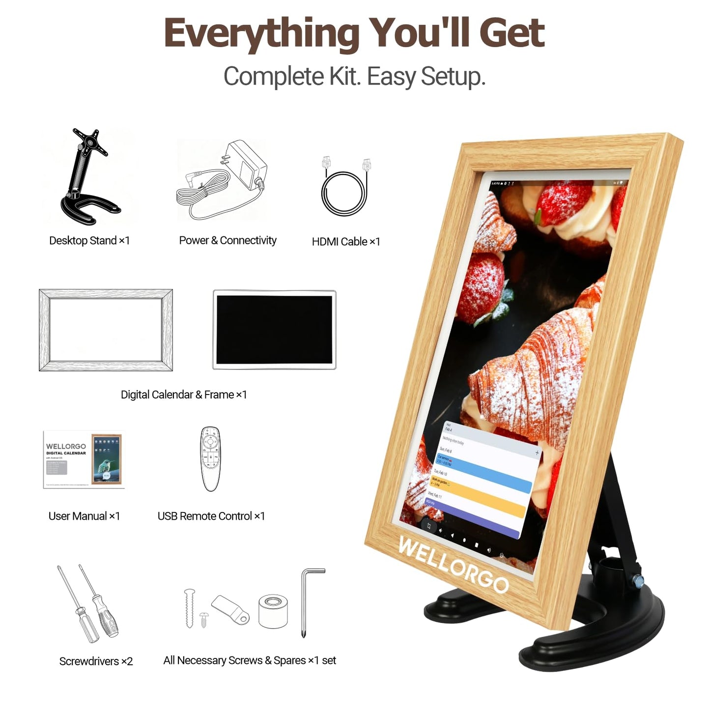 Wellorgo 15.6" Digital Calendar, Electronic Smart Calendar for Family Daily Planner/Chores Chart for Kids,Touch Screen with Remote, Streaming Apps Available, Picture Frame & 360° Rotatable Desk Stand