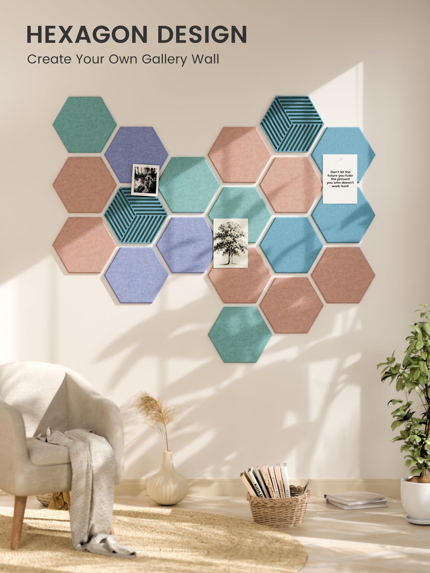Fluxynara Hexagon Cork Board Alternative for Walls Decor-10-Pack Felt Bulletin Board Tiles,with 30 Pushpins,50 Adhesive Tabs for Office,Classrooms & Home Pin Board Felt Board-Coastal Haze