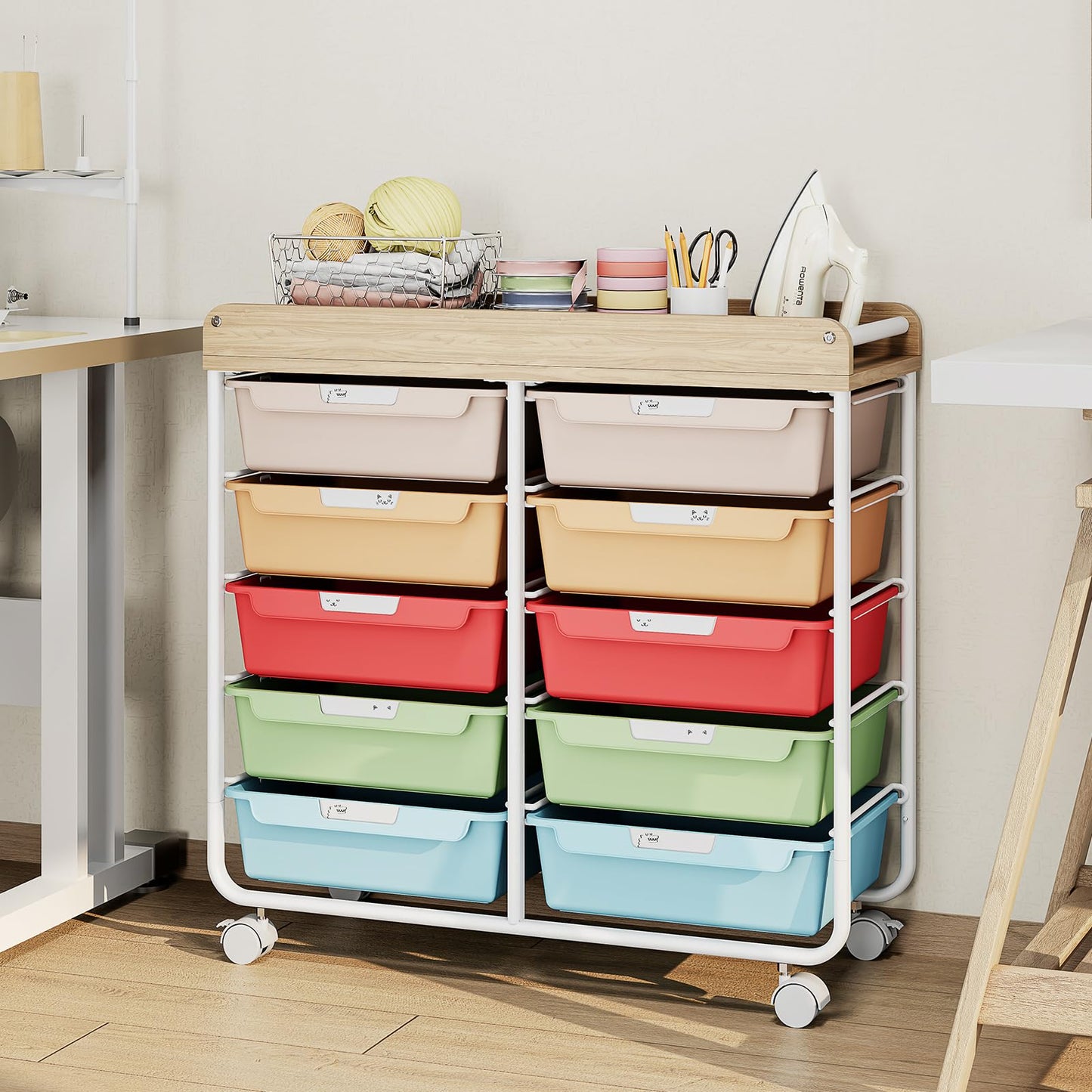 10 Drawers Rolling Cart with Wooden Tabletop, Utility Storage Cart with Wheels, Art Supply Craft Organizer on Wheel with Metal Frame & Handles for Home Office School,Colorful