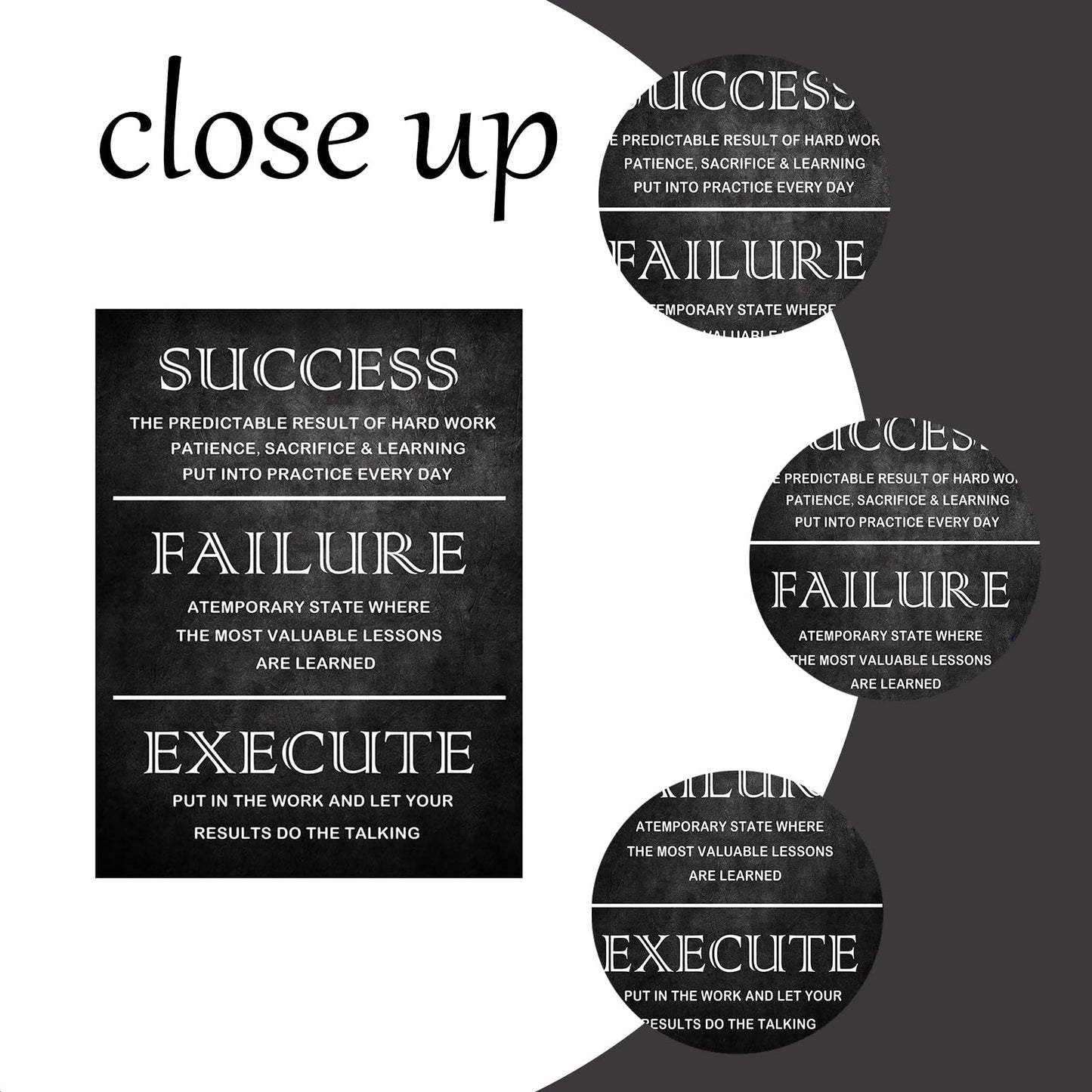 PJQART Inspirational Posters for Office, Success Failure Execute Typography Canvas Poster, Black Textured Single Panel Wall Decor for Home Office Dorm Classroom, 24x18 Inch