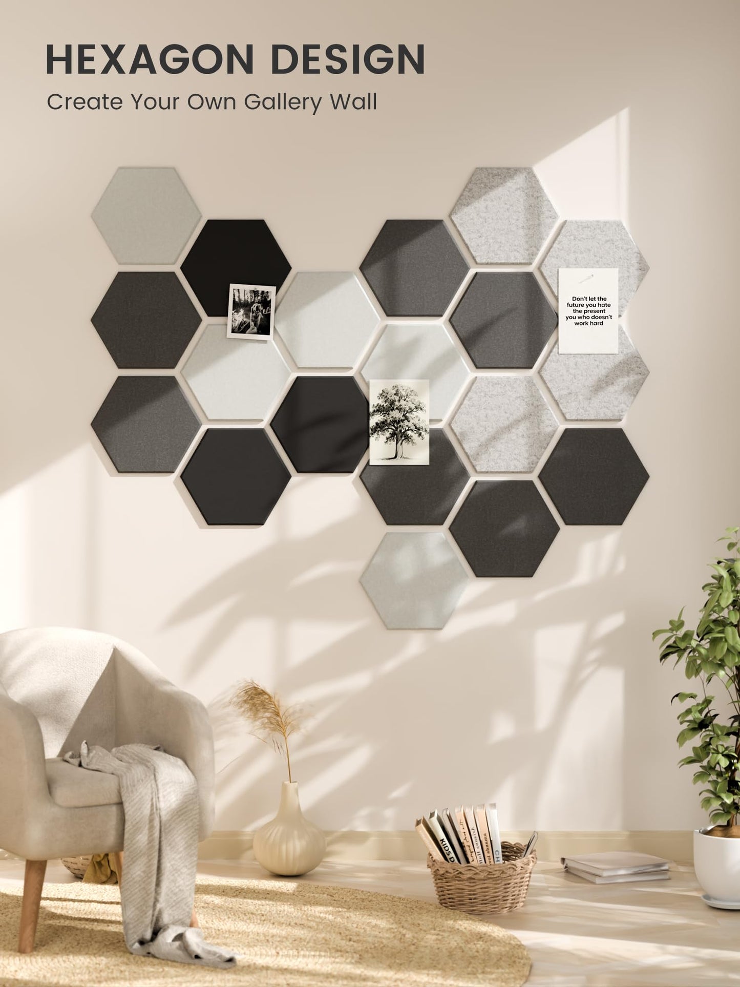 Fluxynara Hexagon Cork Board Alternative for Walls Decor-12-Pack Felt Bulletin Board Tiles,with 30 Pushpins,70 Adhesive Tabs for Office,Classrooms & Home Pin Board Felt Board-Concrete Echo