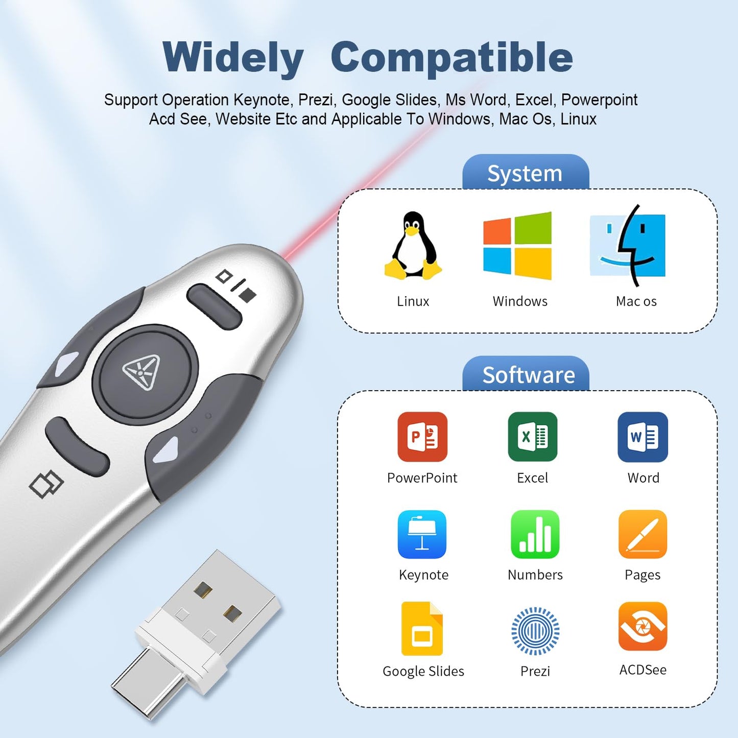 QUI 2 Pack Wireless Presenter PowerPoint Clicker, RF 2.4GHz USB Presentation Clicker for Google Slides, Keynote, Mac, Windows (USB Type-c, Silver)