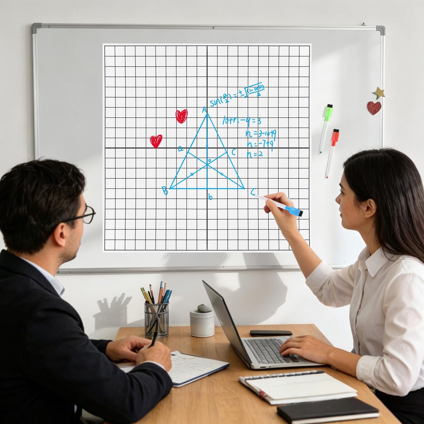 Magnetic Grid Whiteboard Set, 4-Pack 13" × 13" XY Coordinate Dry Erase Graph Board with 3 Magnetic Pens, Reusable Math Teaching Board for Classroom and Home Learning