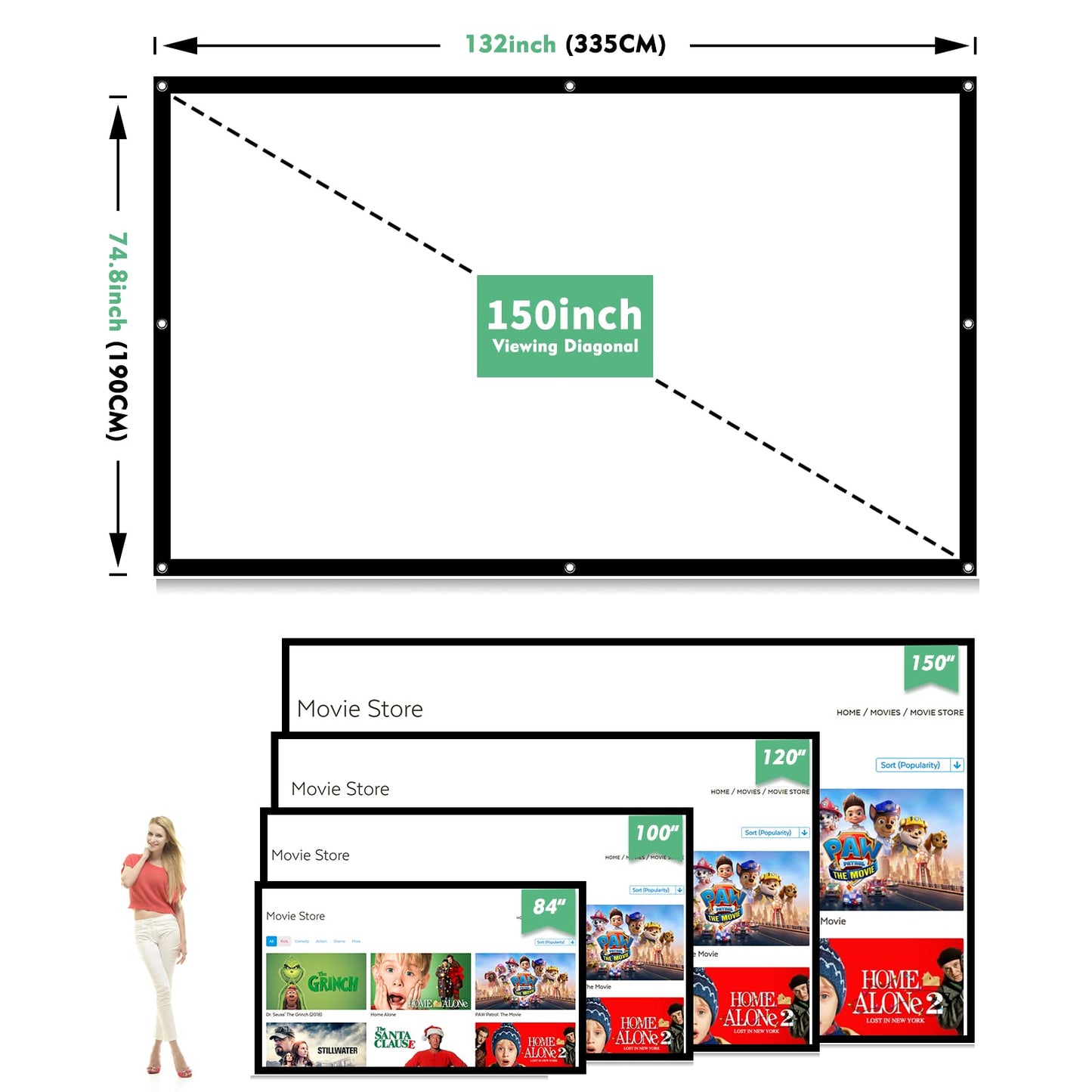 Projector Screen 150 inch, Taotique 4K Movie Projector Screen 16:9 HD Foldable and Portable Anti-Crease Indoor Outdoor Projection Double Sided Video Projector Screen for Home, Party, Office, Classroom