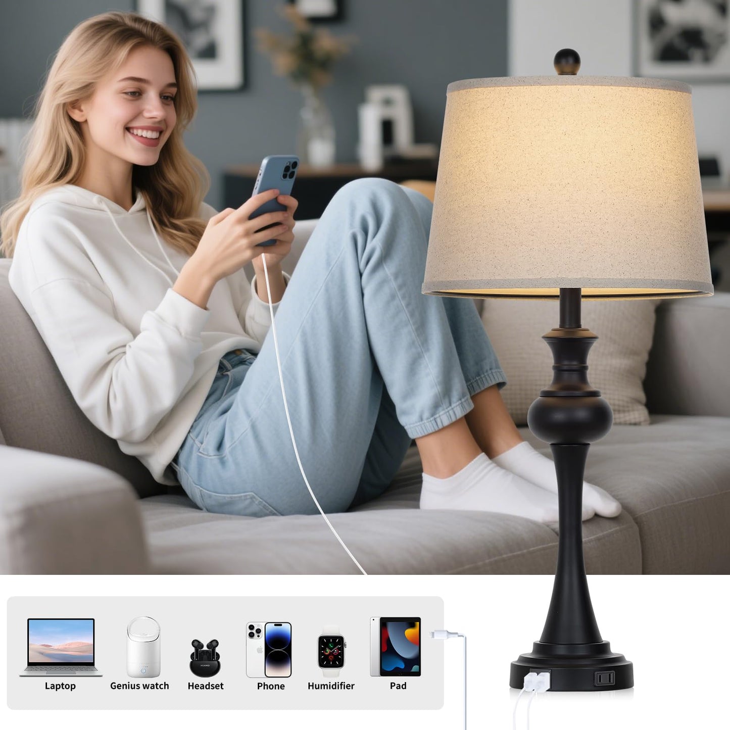 CINSARY Modern 3-Way Dimmable Table Lamp Set of 2, Black Metal with Beige Fabric Shade, USB A+C Ports, Model TD-CS-556