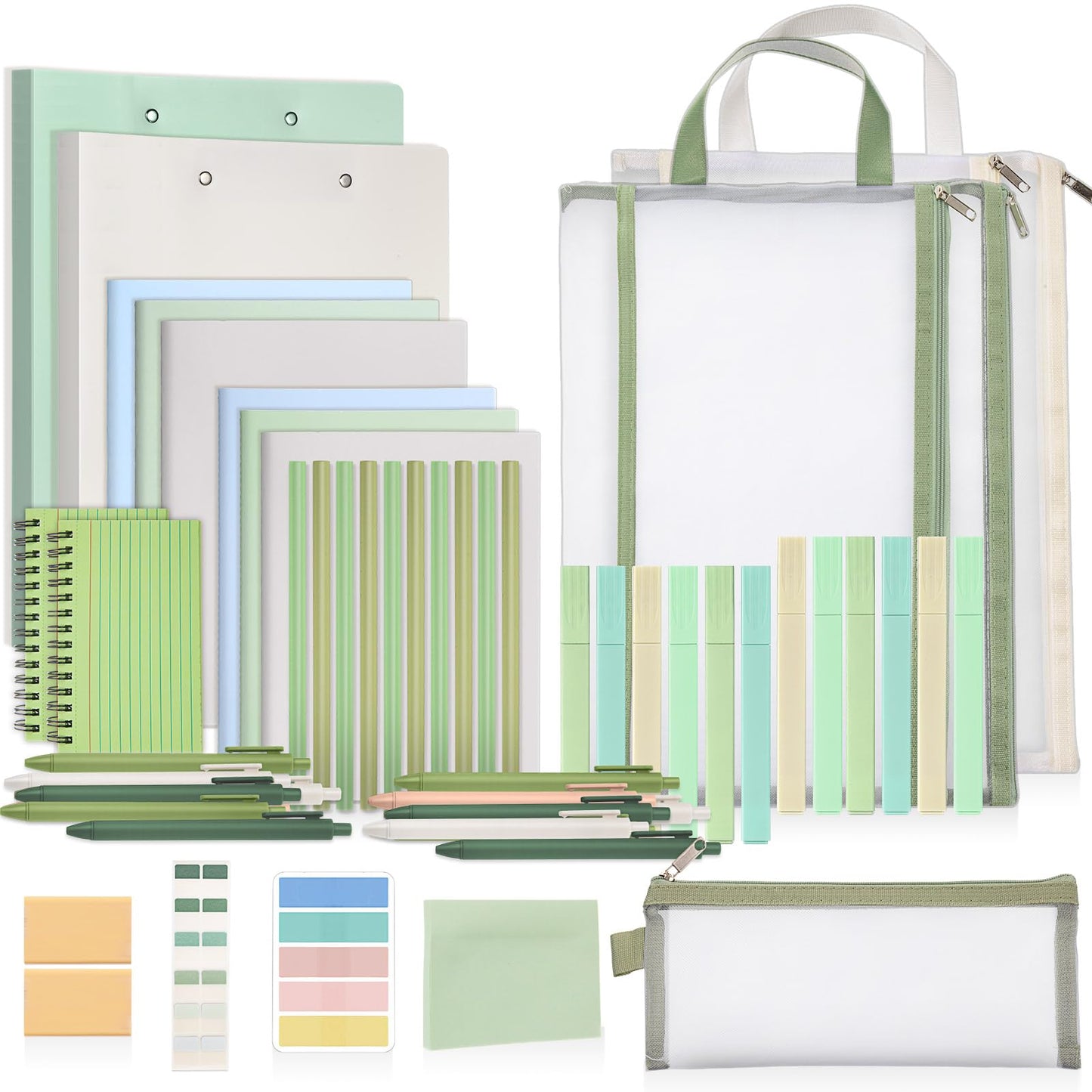 Colarr 54 Pcs Cute Notebook Stationery Set for Women, Bible Study Supplies, 6 Lined Notebooks, 36 Pens, Sticky Notes & Tabs, Bags & Folders for Work Journal Study College Office Supply(Green)