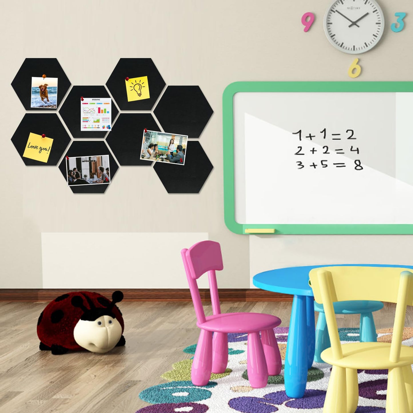 HULAVO Large Hexagon Felt Cork Board Tiles, Self Adhesive DIY Felt Bulletin Board Pin Board with 35 Pushpins for Office School Home Wall Decor Stickers Memos Photos Display(Black)