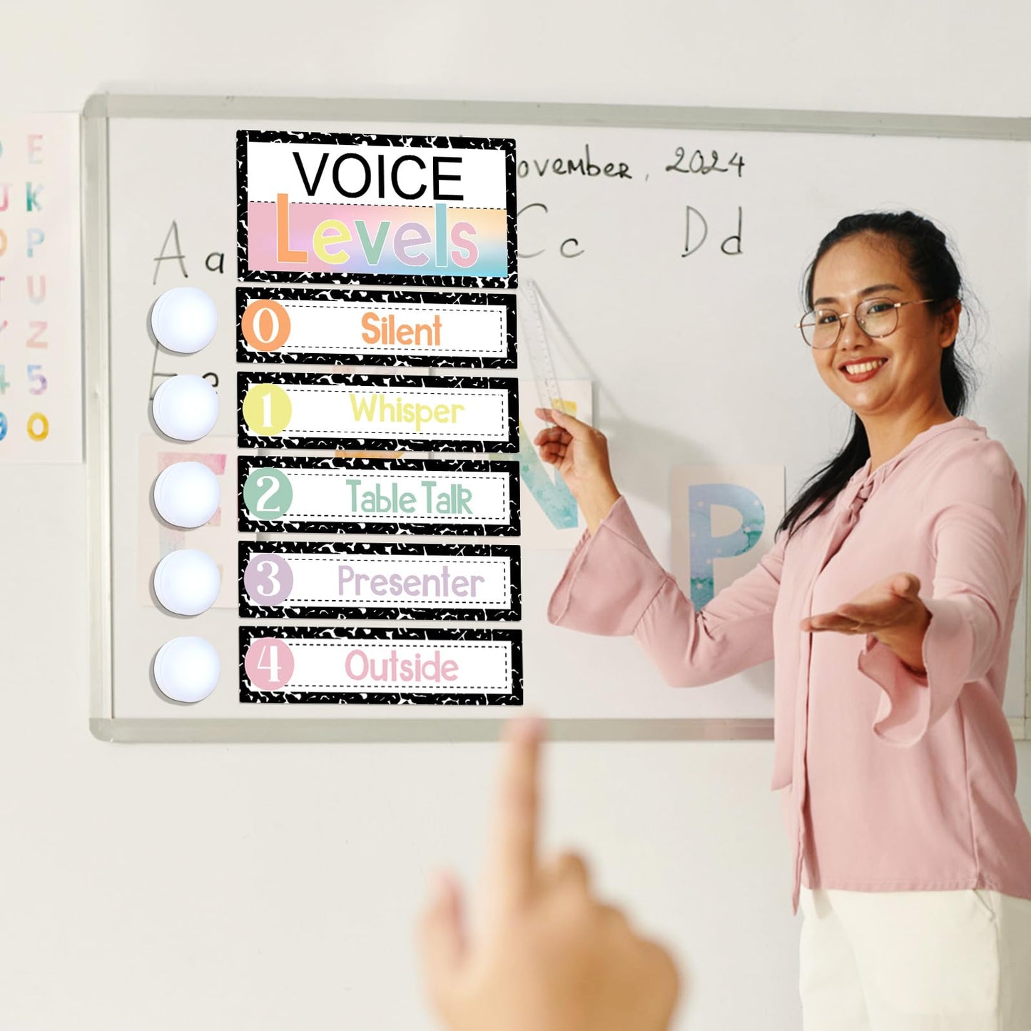 Glooglitter 5 Pcs School Magnetic Voice Level Chart Poster and Push Light Composition Notebook Classroom Decor LED Tap Light Noise Voice Level Sign for Classroom Teachers Back to School Supplies