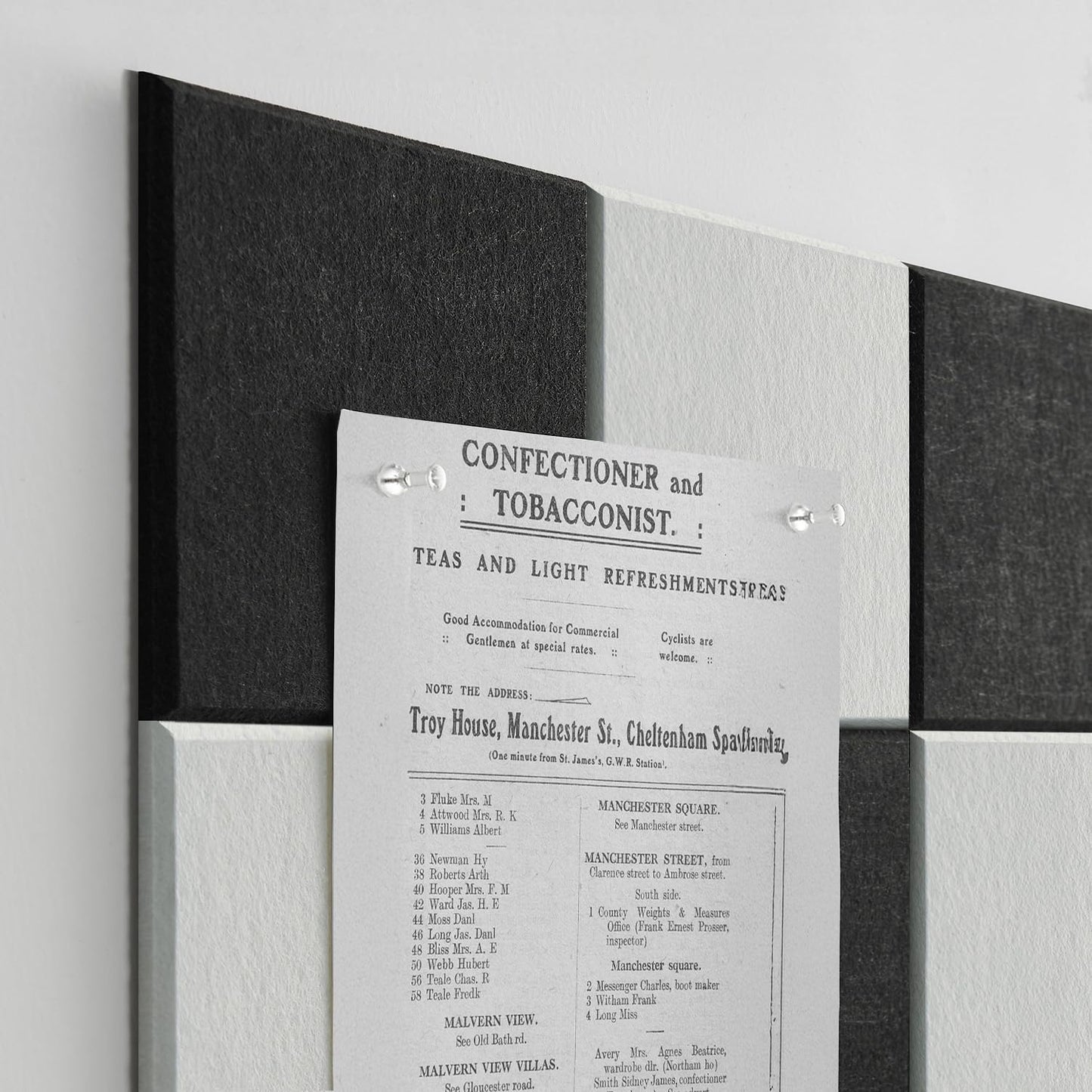 TSJOFFICE Large Cork Board for Wall - 48" x 24" Bulletin Board with 30 Pushpins for Office Decor, Pin Board 8 Pack Felt Tiles with Safe Removable Adhesive Tabs, Corkboard for Home - Black & White