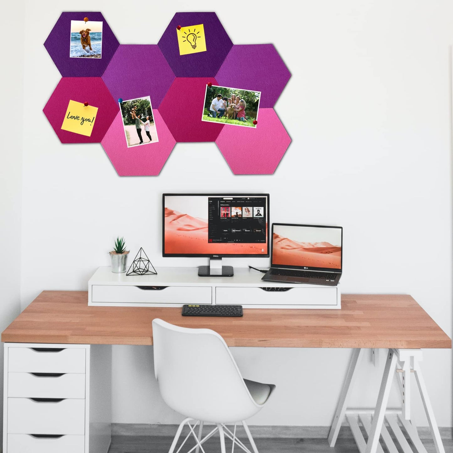 HULAVO 8Pcs Hexagon Felt Cork Board Tiles, Self Adhesive DIY Bulletin Board Pin Board for Office School Home Wall Decor Stickers Memos Photos Display (Gradual Purple)