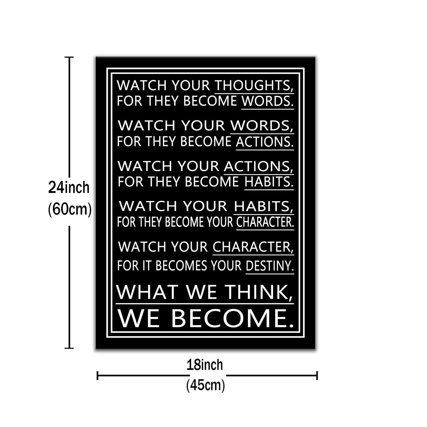DINGFUN Inspirational Posters Watch Your Thoughts Quote Wall Art, Black White Canvas Poster, Single Panel Framed Decor for Bedroom Dorm Classroom, 24x18 Inch Display Print