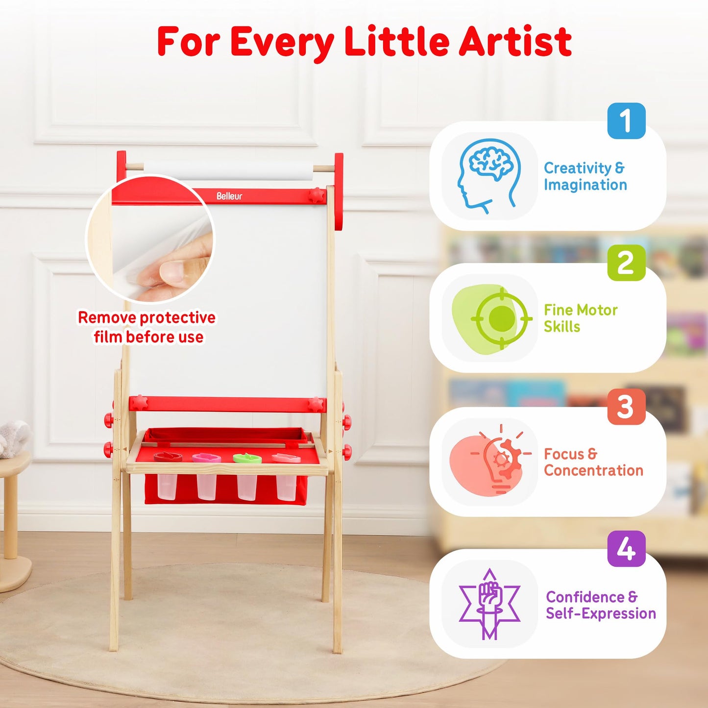 Belleur All-in-One Art Easel for Kids, Adjustable Double Sided Easel for Toddlers with Magnetic Whiteboard & Dry-Erase Chalk Board & Paper Roll, Child Painting Easel for Kid 2-8 Birthday Gift - Red