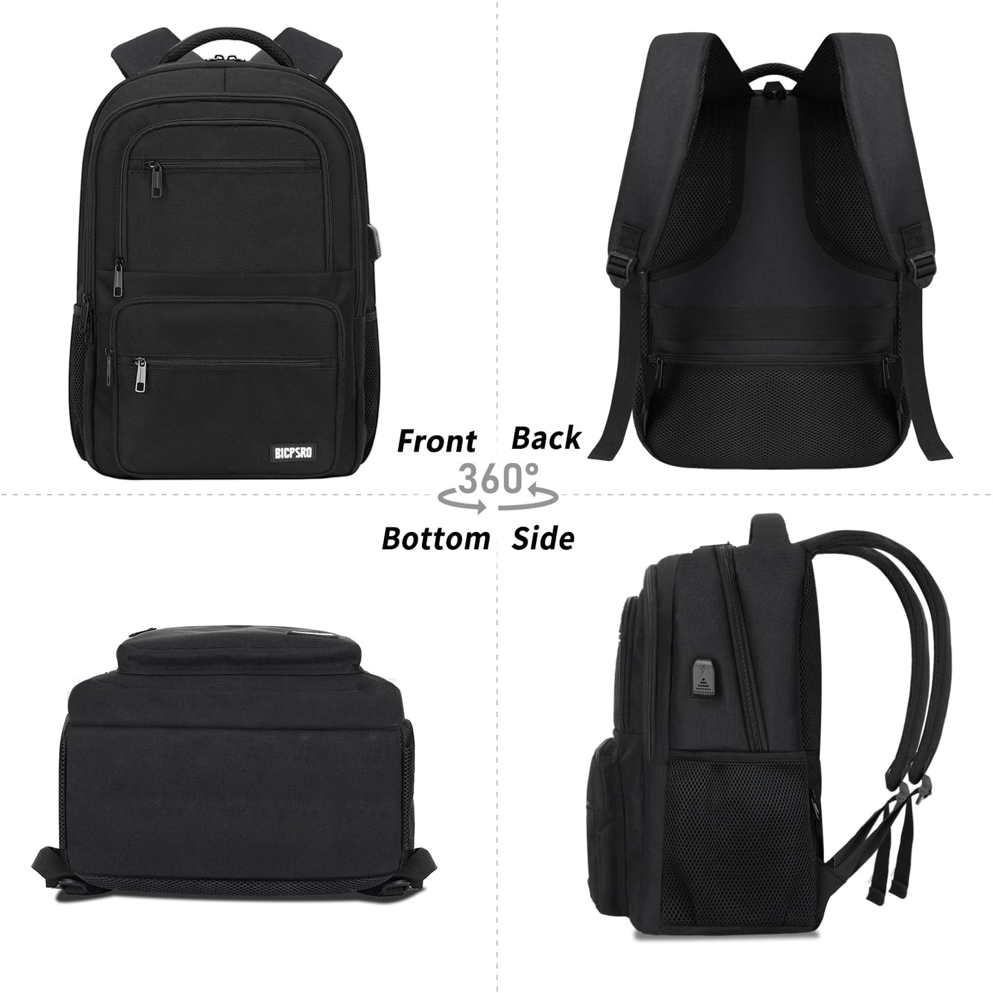 Black Backpack for Men Women, 15.6 inch Laptop Backpack for School, School Backpack for Boys Girls Teens, College Book Bag with USB Port, Water Resistant Bookbag, Business Work Travel