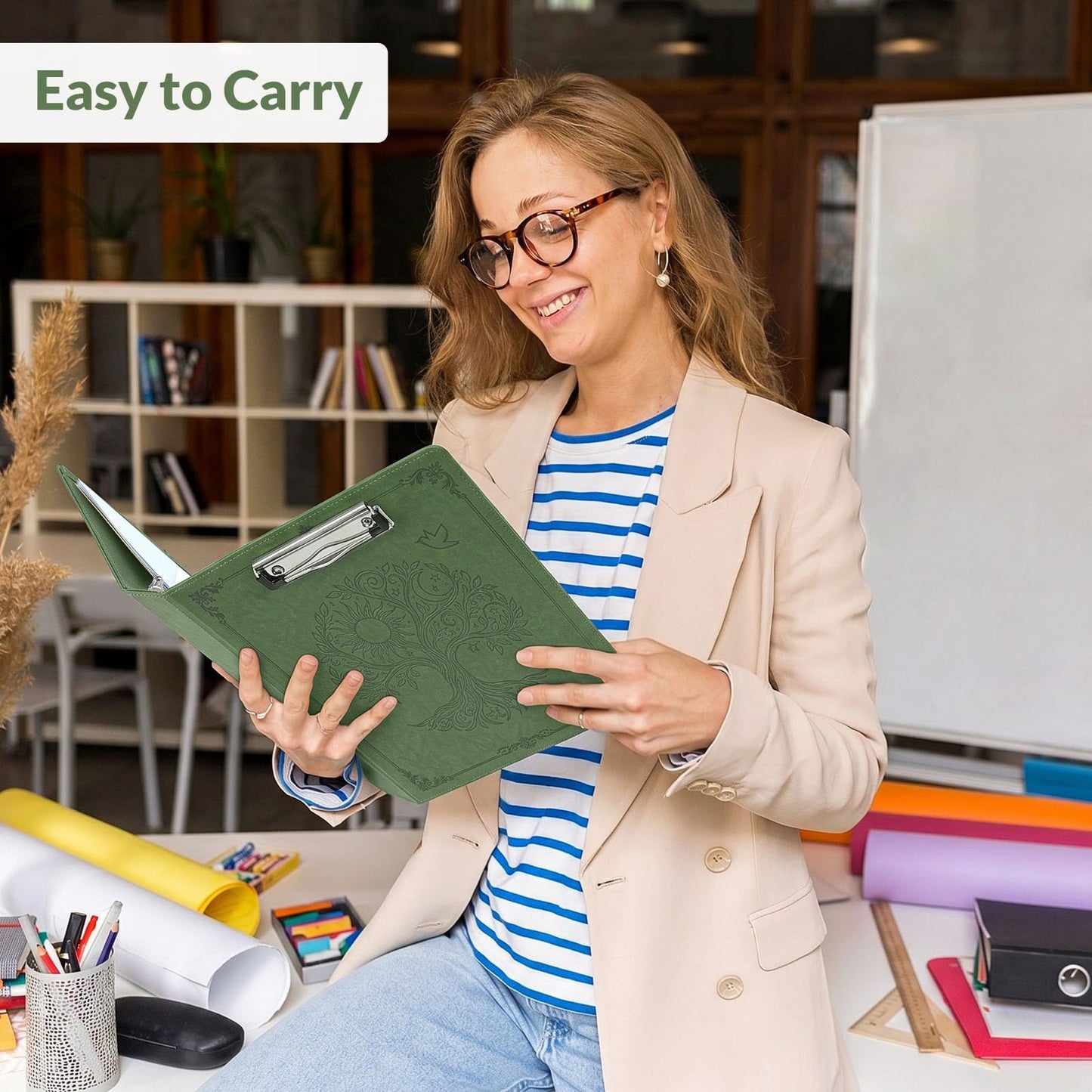 SKYDUE 1 Inch 3-Ring Binder with Clipboard, PU Binder with 5 Dividers, Notepad, Stickers & Pockets for Work and School - Aesthetic Binder (Letter Size)