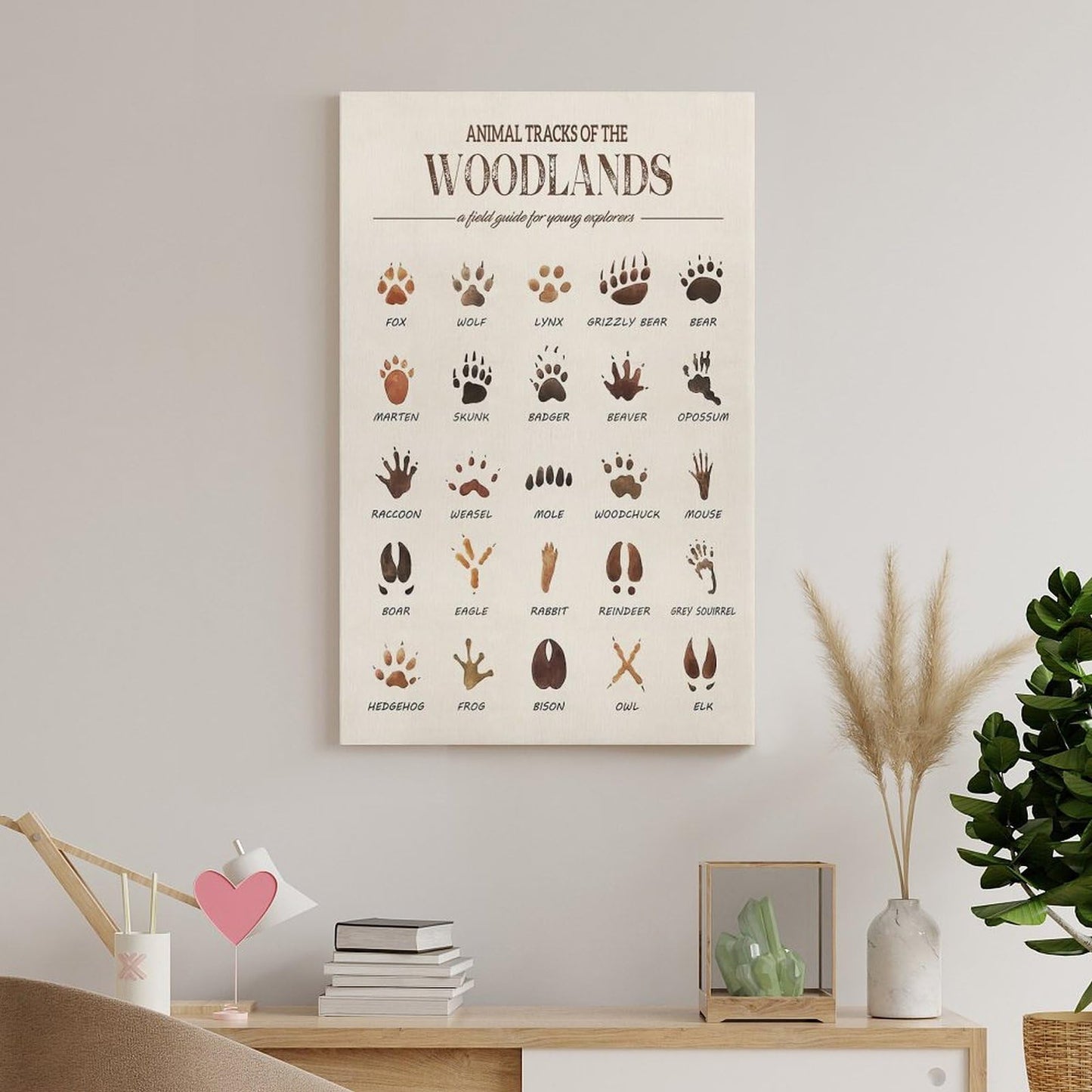 MAIHAIBAO Woodland Animal Tracks Canvas Wall Art - Educational Forest Field Guide Poster - Rustic Nature Nursery & Kids Room Decor - 12x18 Inch (Unframed)