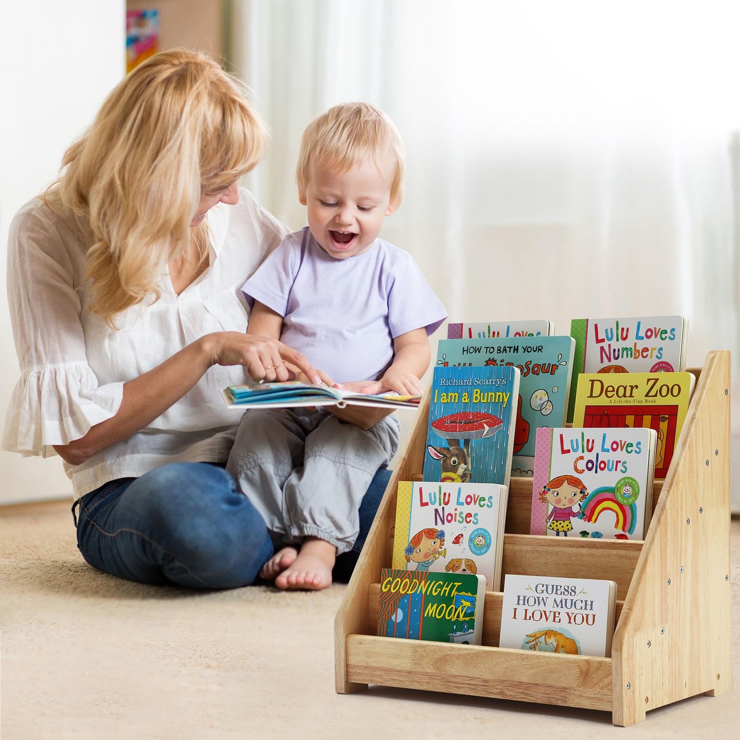 Nuoex Montessori Bookshelf for Toddler 1-5 Years, Kids Wooden 5-Tier Front Facing Book Display Shelf with Chalkboard for Bedroom,Playroom,Classroom,Book Rack Organizer, Natural